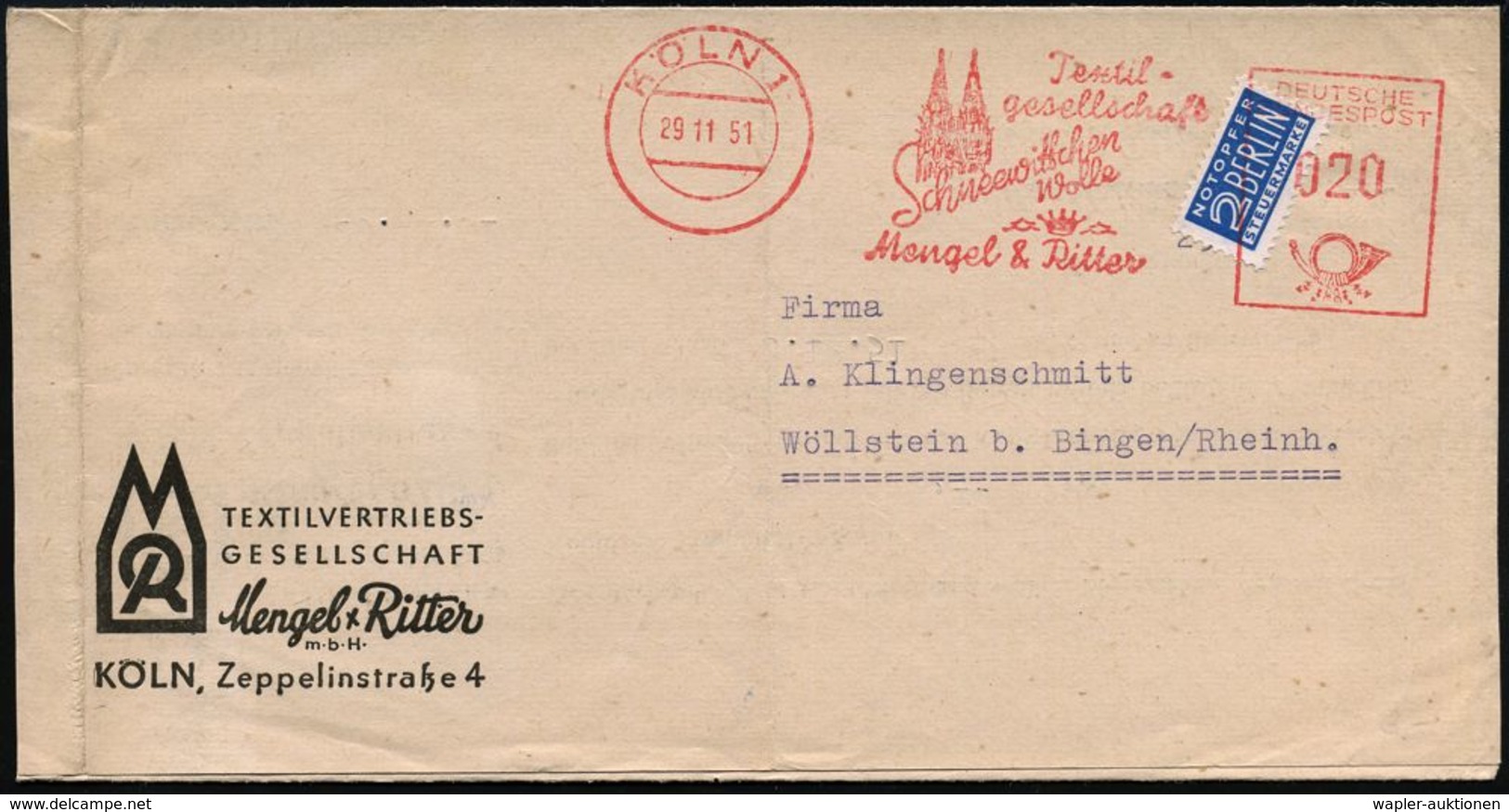 KÖLN 1/ ..Schneewittchen/ Wolle/ Mengel & Ritter 1951 (29.11.) AFS 020 Pf. = Kölner Dom + Krone Auf 2 Pf. NoB = VE, Moti - Eglises Et Cathédrales