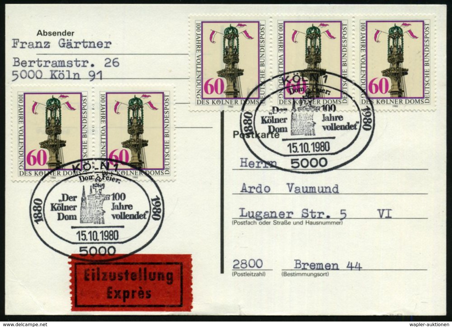 5000 KÖLN 1/ Der/ Kölner/ Dom/ 100 Jahre/ Vollendet 1980 (15.10.) SSt = Dom U. Domspitze, 2x Auf 5c 60 Pf. "100 Jahre Vo - Eglises Et Cathédrales