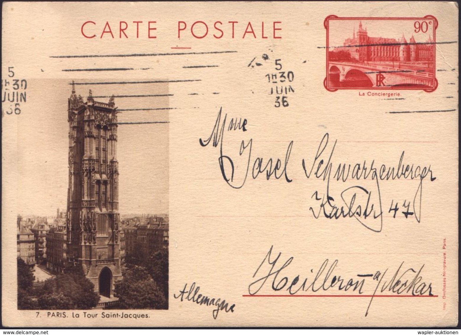 FRANKREICH 1936 (5.6.) 90 C. BiP "La Concierge", Rot: PARIS La Tour Saint-Jacques (got.Turm Der Kirche St.Jacques) Bedar - Eglises Et Cathédrales