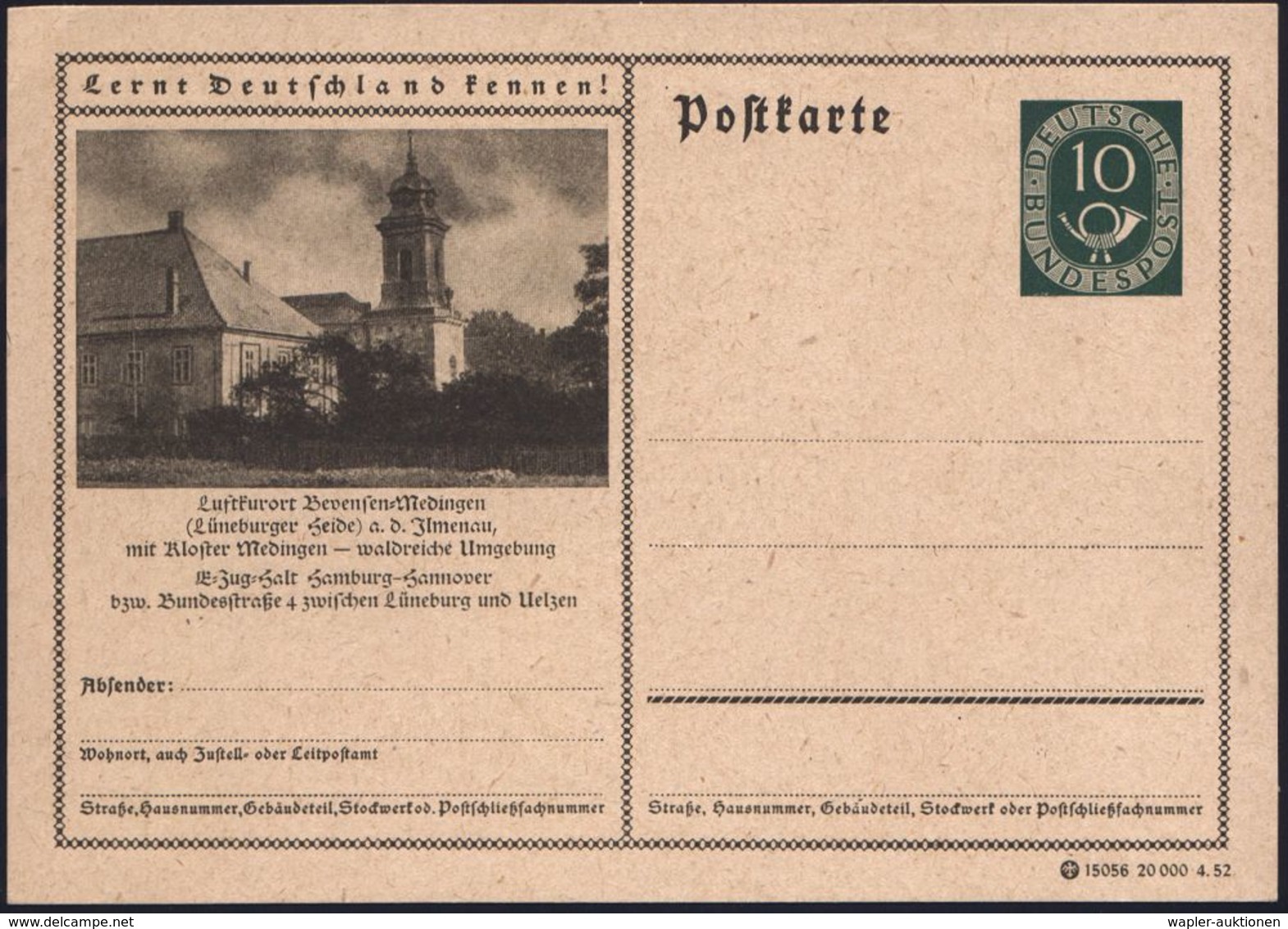 Bad Bevensen 1952 10 Pf. BiP Posthorn , Grün: Kloster Medingen.. (Kloster Mit Kirche) Ungebr., Selten!  (Mi.P 16/08) - D - Abadías Y Monasterios