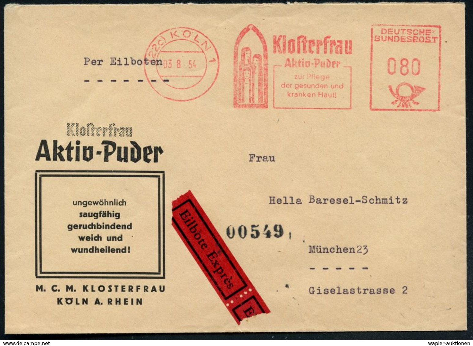 (22c) KÖLN 1/ Klosterfrau/ Aktiv Puder.. 1954 (3.8.) AFS 080 Pf. = 3 Nonnen (im Spitzbogenfenster) Reklame-Brief: Kloste - Abbayes & Monastères