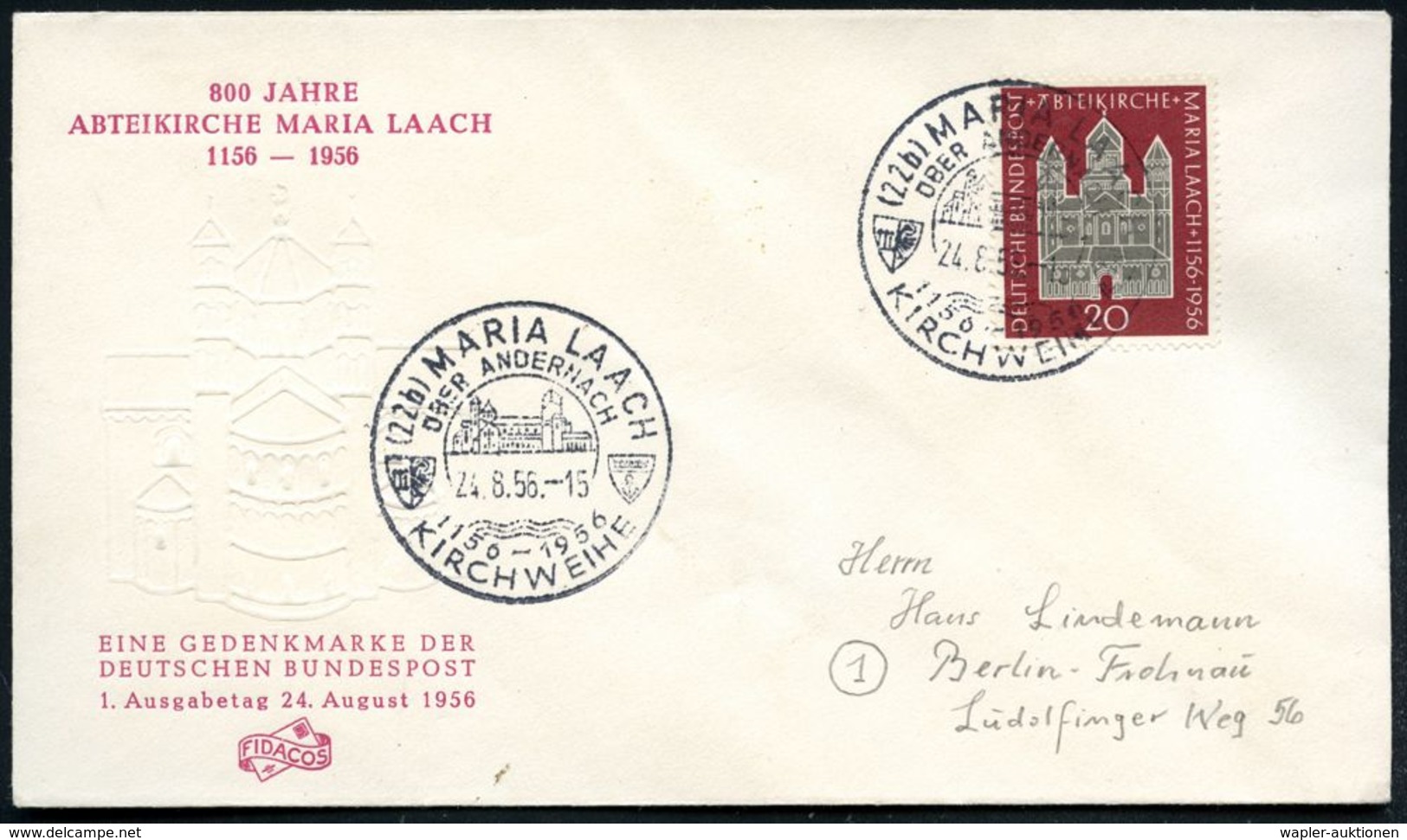 (22b) MARIA LAACH/ ÜBER ANDERNACH/ 1156-1956/ KIRCHWEIHE 1956 (24.8.) SSt = Kloster-Basilika (romanisch) Auf EF 20 Pf. M - Abbayes & Monastères