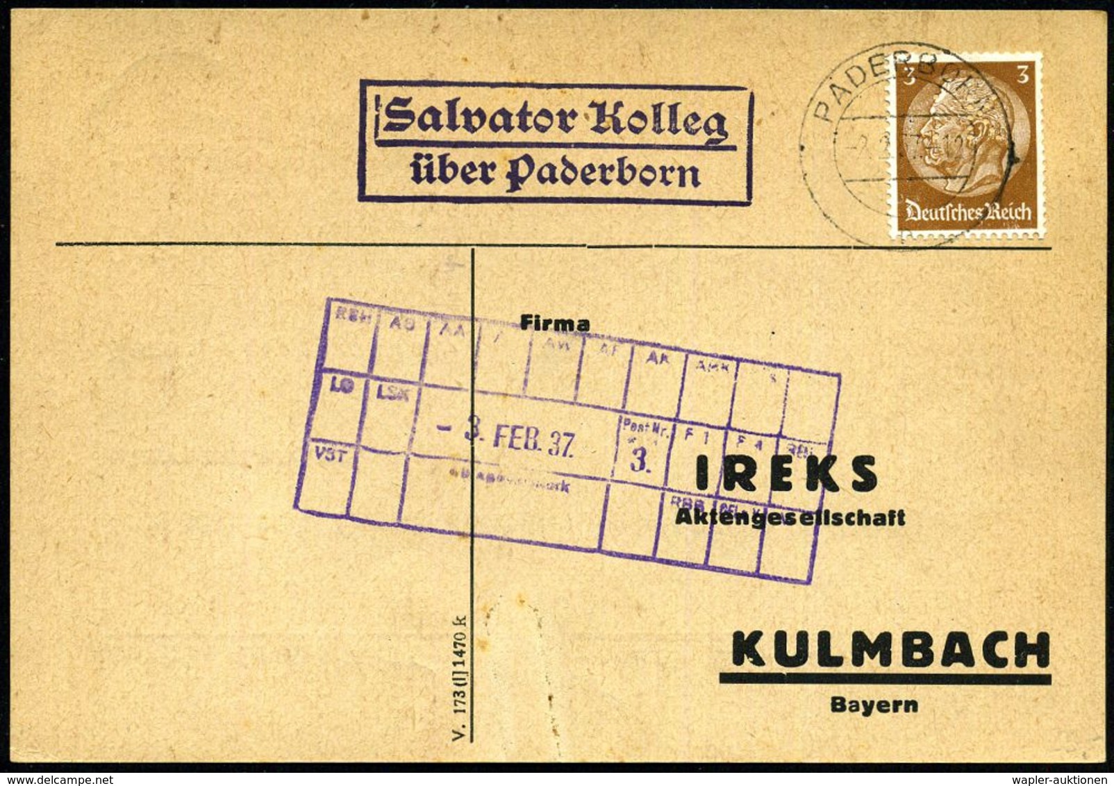 S A L V A T O R  K O L L E G /  über Paderborn 1937 (2.2.) Seltener Viol. Ra.2 = PSt.II = Hauspostamt Kloster-Kolleg + 2 - Abbayes & Monastères