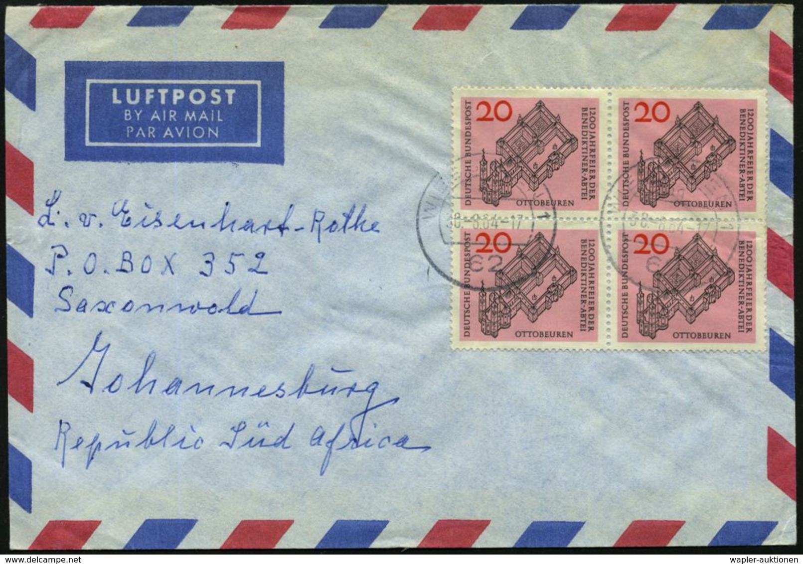 B.R.D. 1964 (Aug.) 20 Pf. "1200 Jahre Benediktiner-Kloster", Reine MeF: 4er-Block , Klar Gest. (Wiesbaden) Übersee-Flp.- - Abadías Y Monasterios