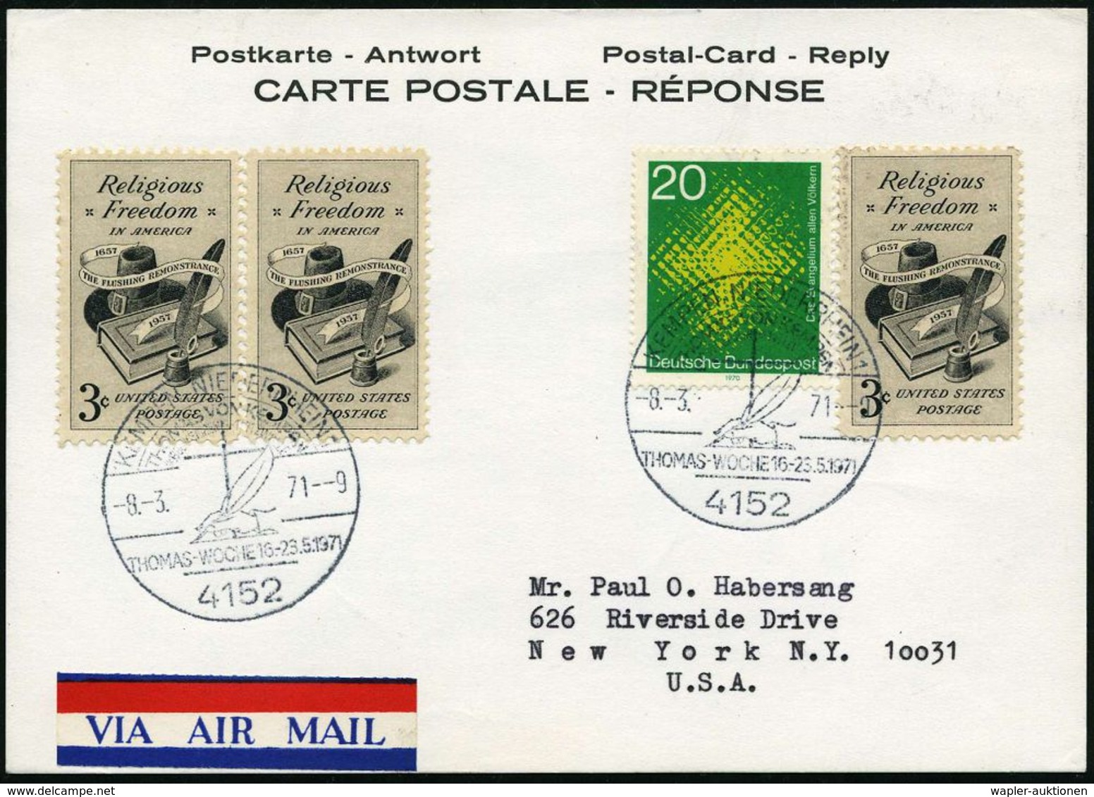 4152 KEMPEN,NIEDERRHEIN 1/ THOMAS VON KEMPEN/ THOMAS-WOCHE 1971 (8.3.) SSt Auf USA 3 Cent "Religions-freiheit" (3x Mi.72 - Christianisme