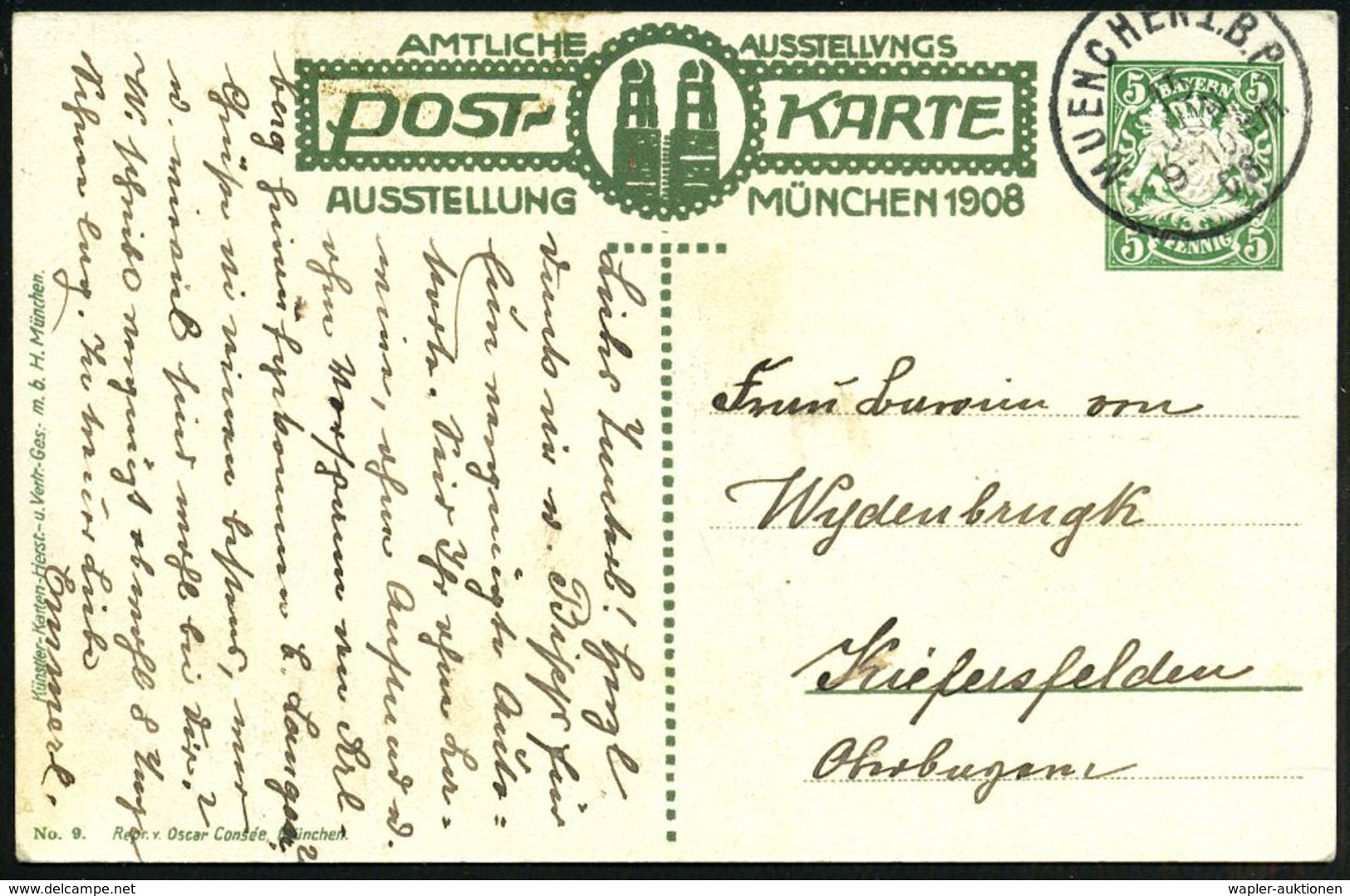 München 1908 (15.6) 5 Pf. PP Wappen, Grün: SANKT BENNO, AUSSTELLUNG MÜNCHEN = St. Benno Von Meißen Mit Münchner Kindl, F - Cristianesimo