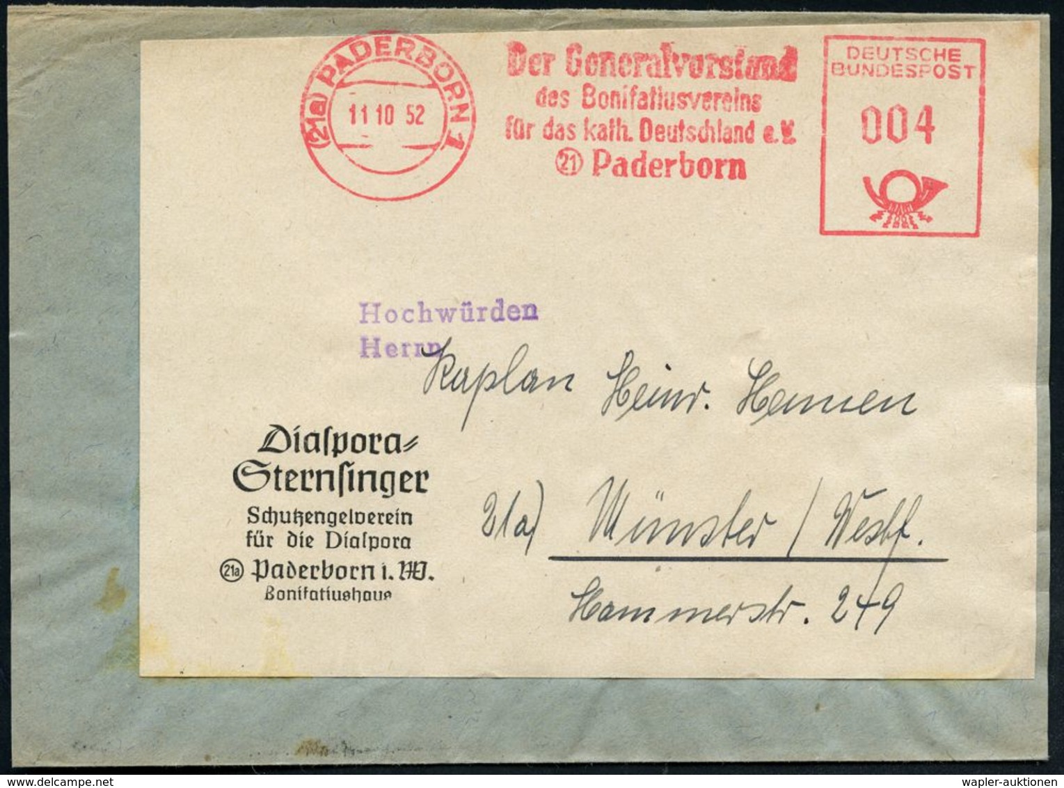 (21a) PADERBORN 1/ Der Generalvorstand/ D.Bonifatiusvereins/ Für Das Kath.Deutschland E.V. 1952 (11.10.) AFS , Klar Gest - Christentum