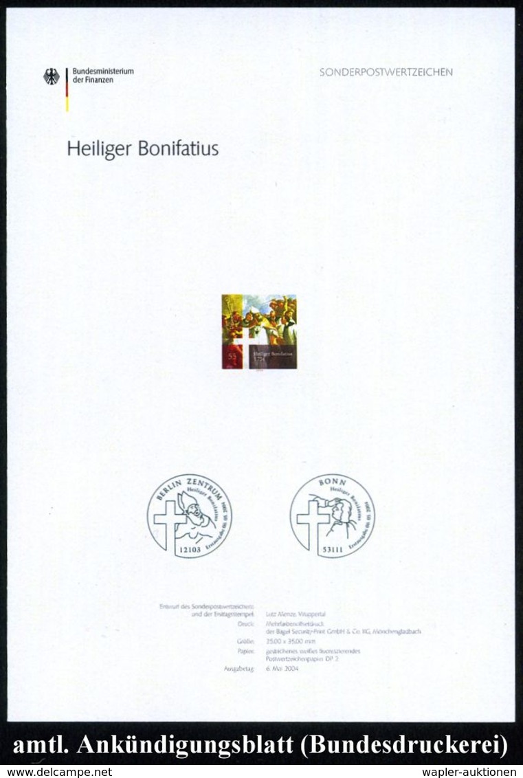 B.R.D. 2004 (Mai) 55 Cent "1250. Todestag St. Bonifatius", Vergrößerte Marke In Blockform + Amtl. Ankündigungsblatt D. B - Cristianesimo