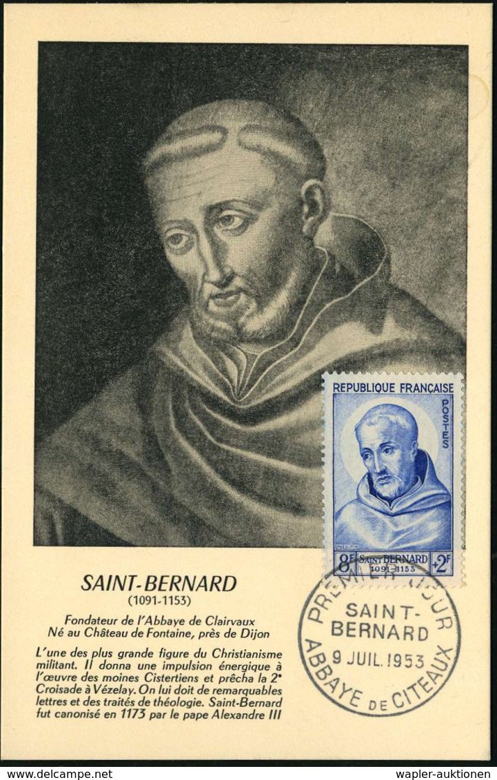 FRANKREICH 1953 (9.7.) 8 F. + 2 F. "800 Todestag Saint Bernard", Gründer Des Klosters Clairvaux + ET-SSt.: ABBAYE DE CIT - Cristianesimo