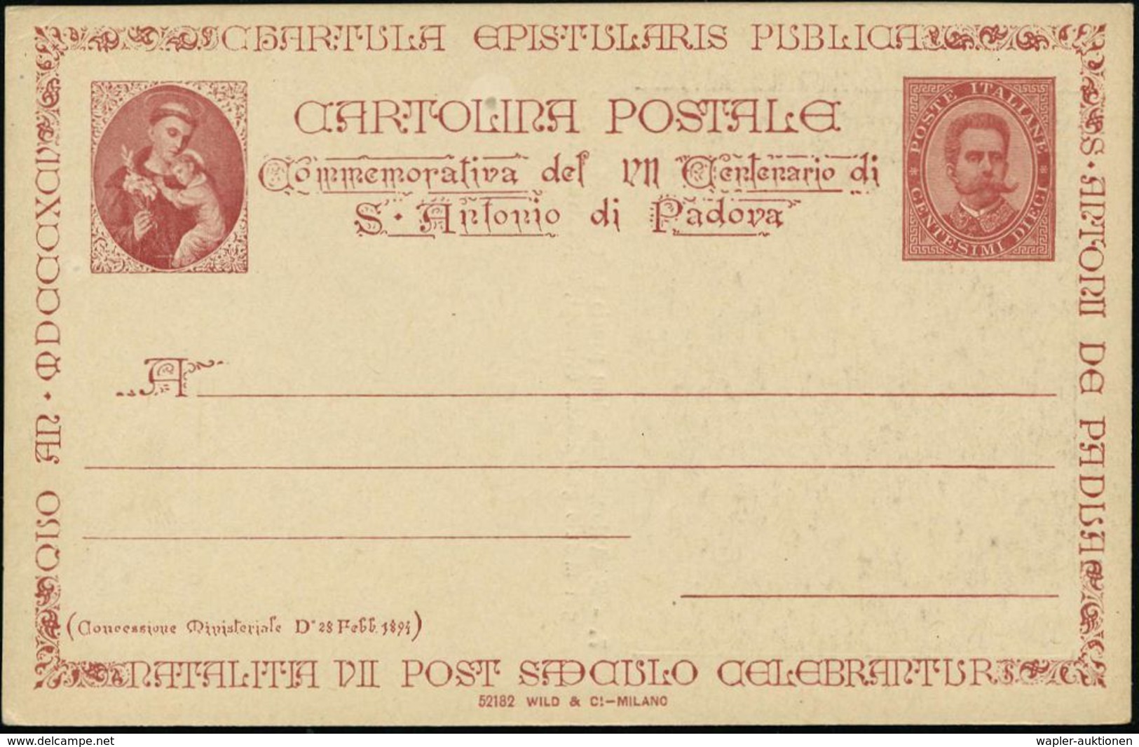 ITALIEN 1894 PP 10 C. Umberto I., Braun: 700-Jahrfeier St. Antonius Von Padova, Bild 7 , Rs.: S. Antonius Infantem Pauci - Cristianesimo