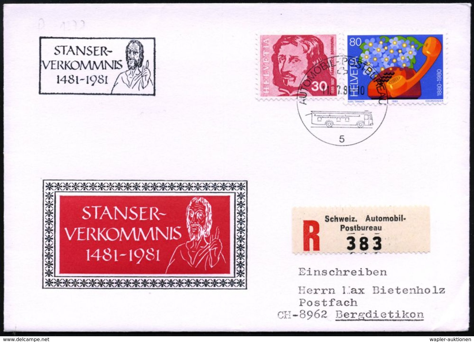 SCHWEIZ 1981 (11.7.) HdN: STANSER/VERKOMMNIS/1481-1981 = Hl. Klaus (hebt Zeigefinger) + 1K: AUTO PA Nr.5 + Sonder-RZ: Sc - Cristianesimo