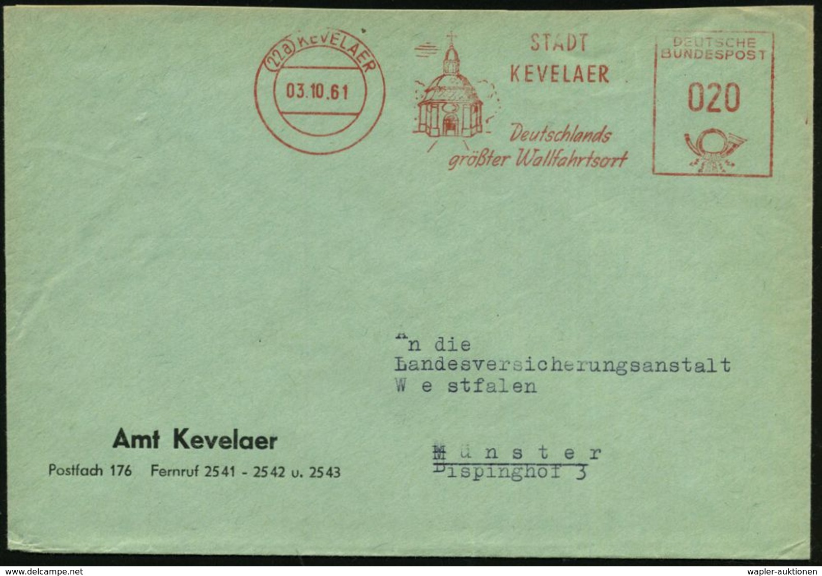 (22a) KEVELAER/ STADT KEVELAER/ Deutschlands/ Größter Wallfahrtsort 1961 (3.10.) AFS (= Wallfahrtskapelle) Kommunalbrief - Christianisme