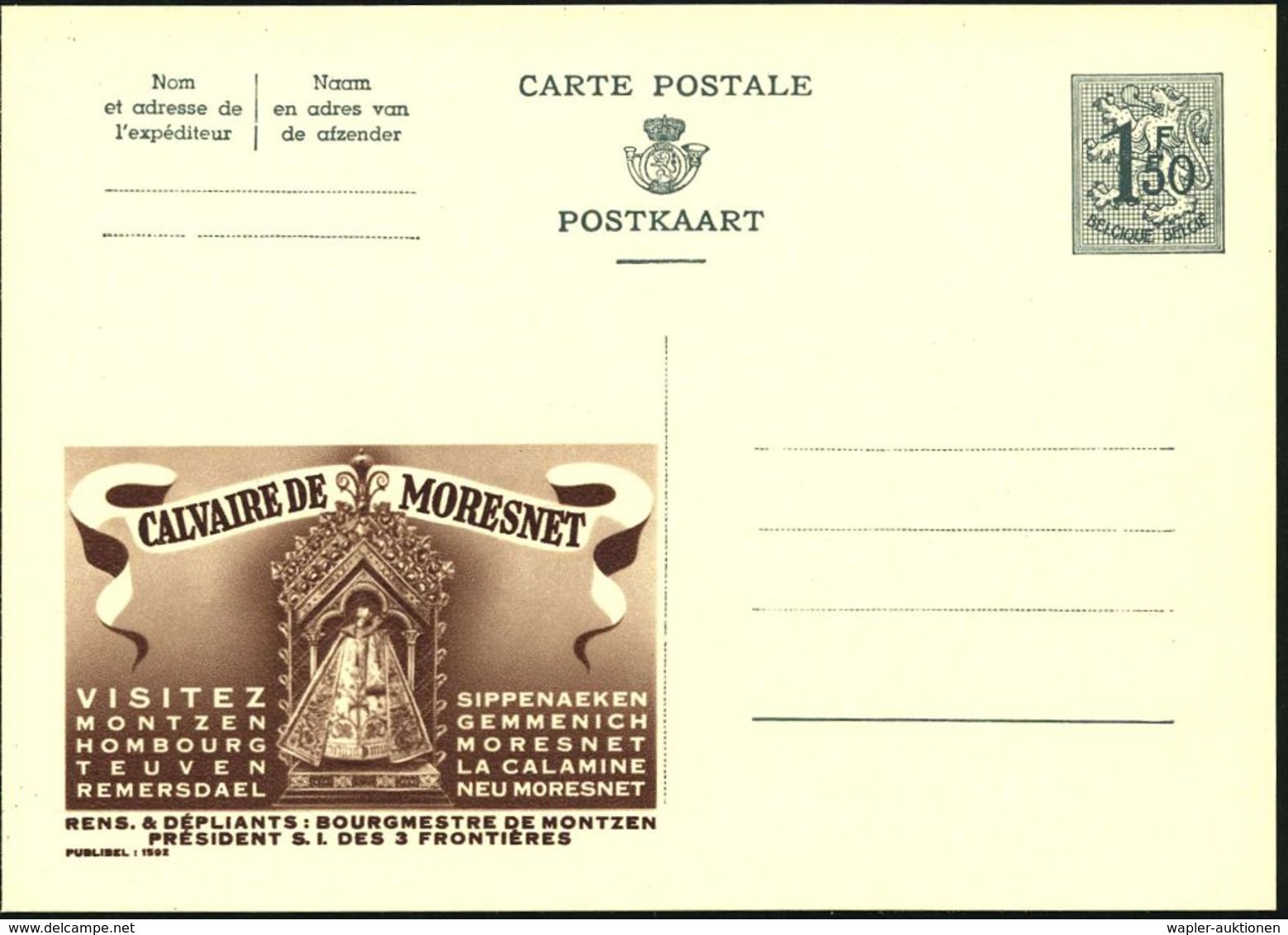 BELGIEN 1959 1,50 F. Reklame-P. Löwe, Grau: CALVAIRIE DE MORESNET.. , = Calvarienberg-Schutzmantel-Madonna, Französ. Tex - Christianisme