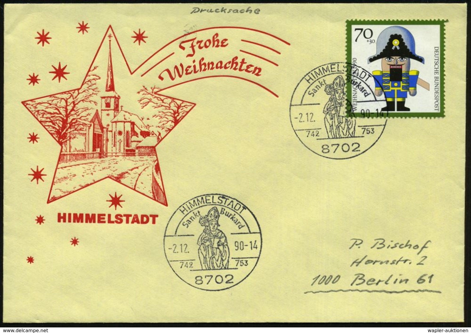 8702 HIMMELSTADT/ Sankt Burkard 1990 (2.12.) SSt = St. Burkard Auf EF 70 Pf.+ 30 Pf. Weihnachten (Mi.1486 EF + 25.- EUR) - Noël