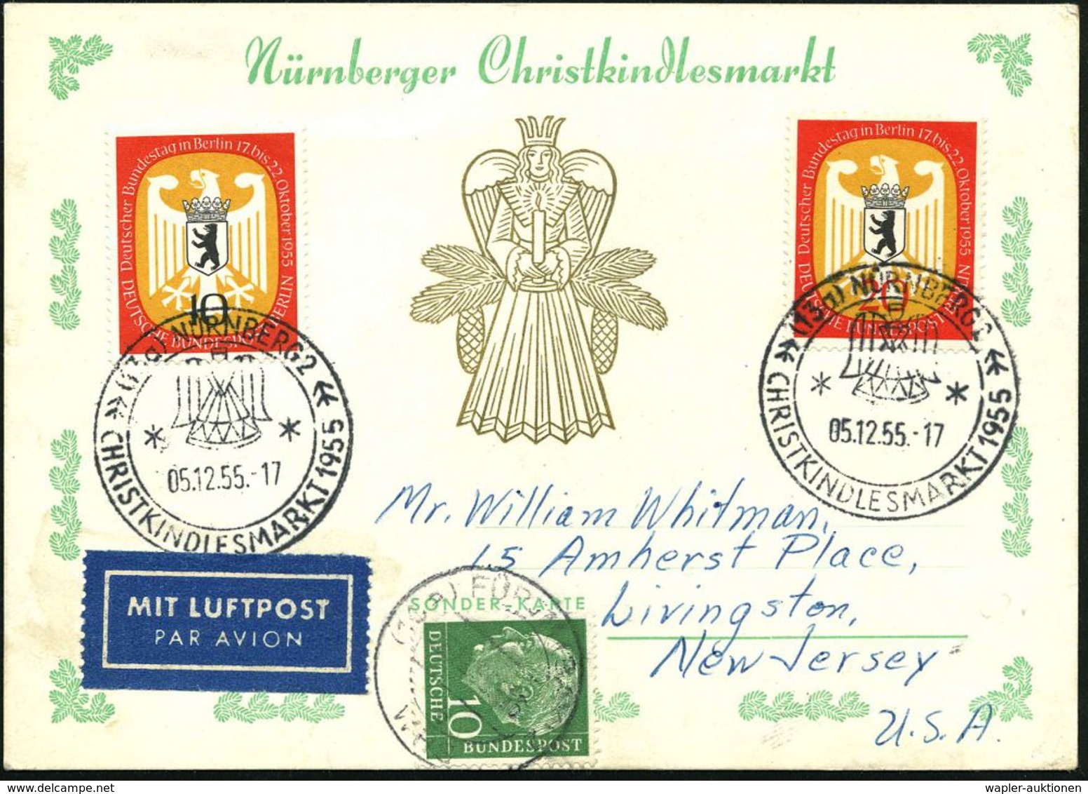 (13a) NÜRNBERG 2/ CHRISTKINDLESMARKT 1955 1955 (5.12.) SSt = Rauschgoldengel 2x Klar Auf Berlin Mi. 129/30 + Zusatzfrank - Noël