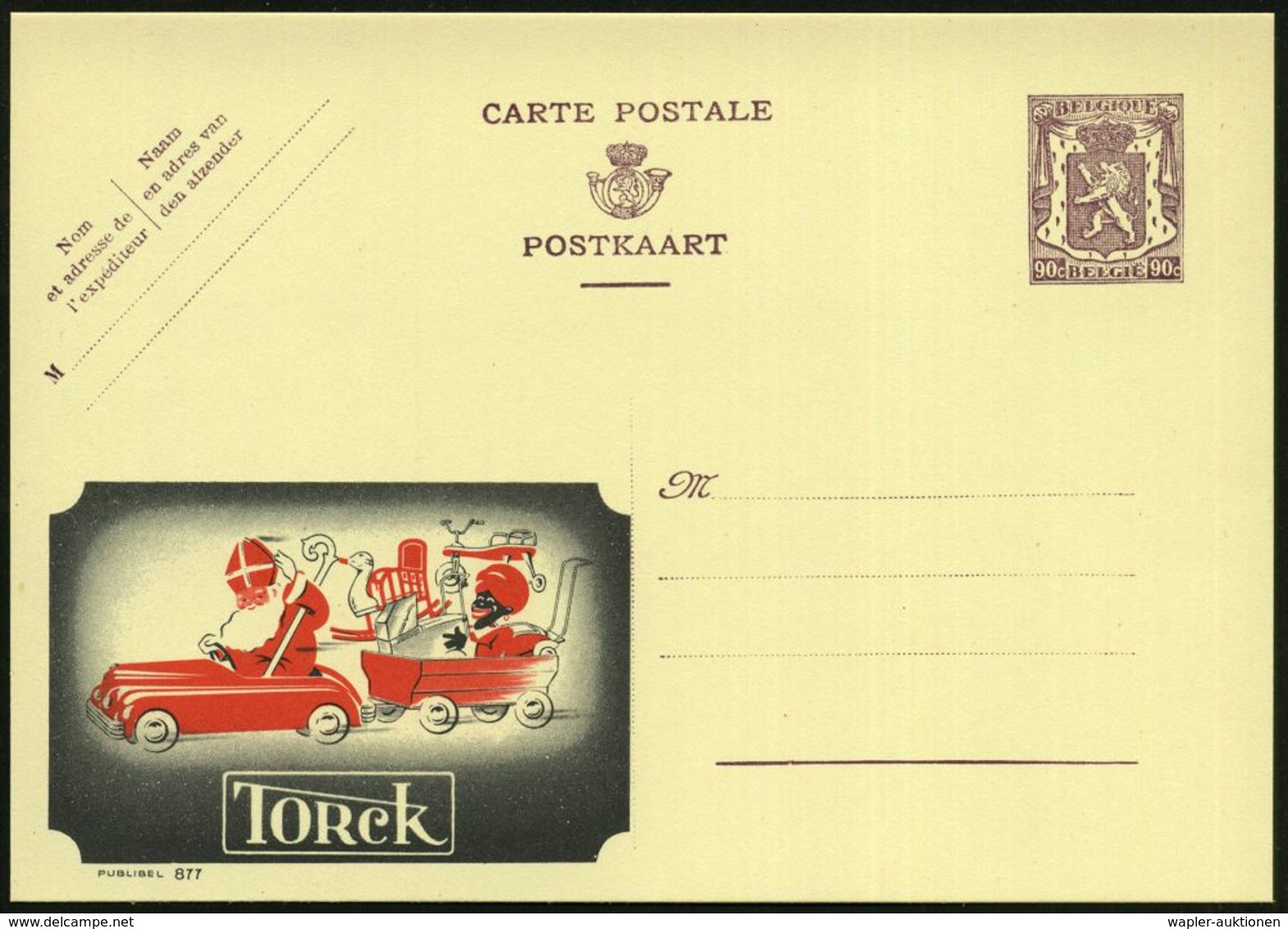 BELGIEN 1948 90 C. Reklame-P. Löwe, Braunlila: TORCK = St. Nikolaus Im Spielzeugauto (mit Kinderwagen U. "Mohr", Schauke - Noël