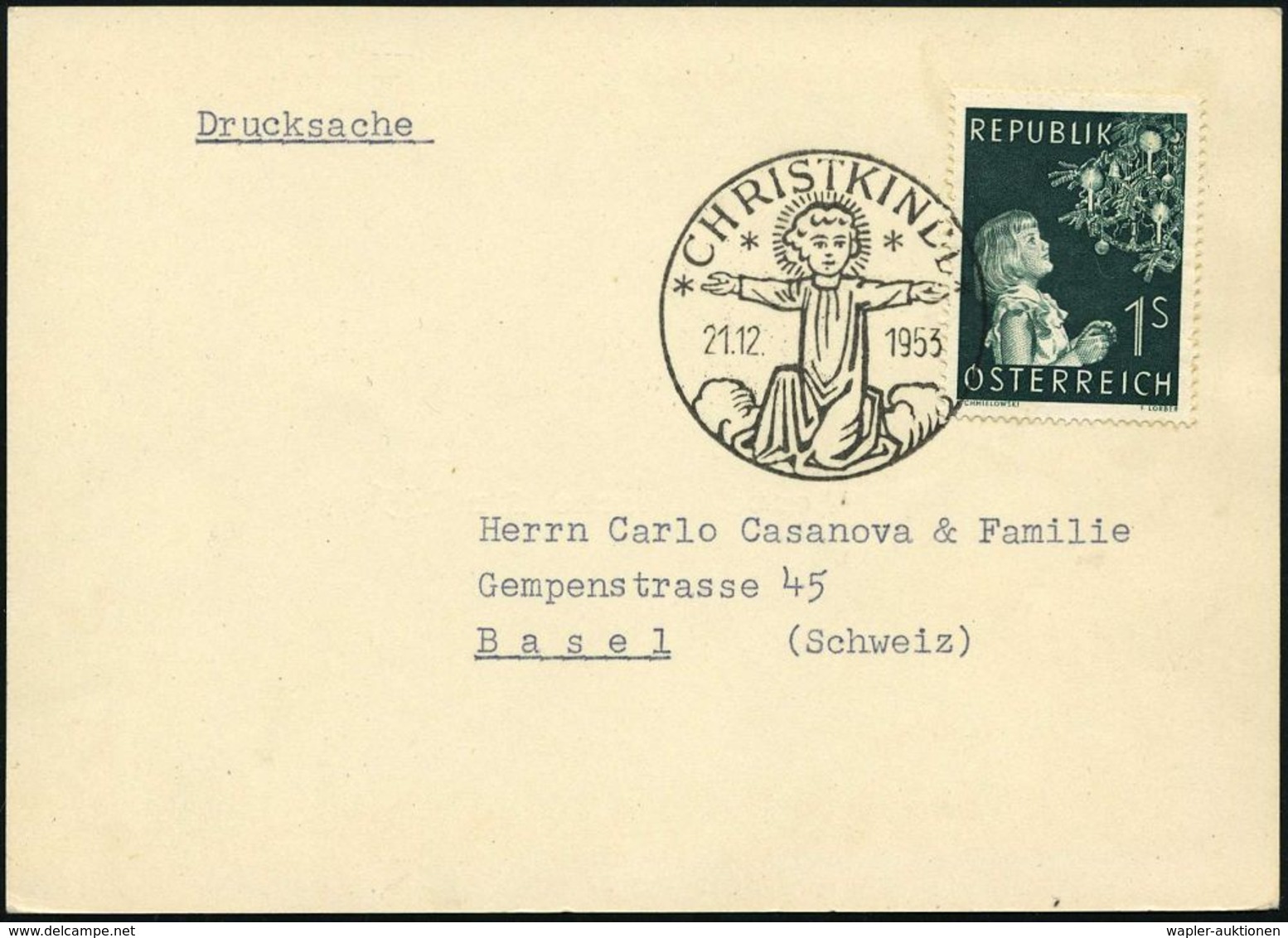 ÖSTERREICH 1953 (21.12.) SSt.: CHRISTKINDL = Jesuskind (4 Sterne) Auf EF 1 S. Weihnachten (Mi.994 MeF) Bedarfs-Ausl.-Kar - Noël