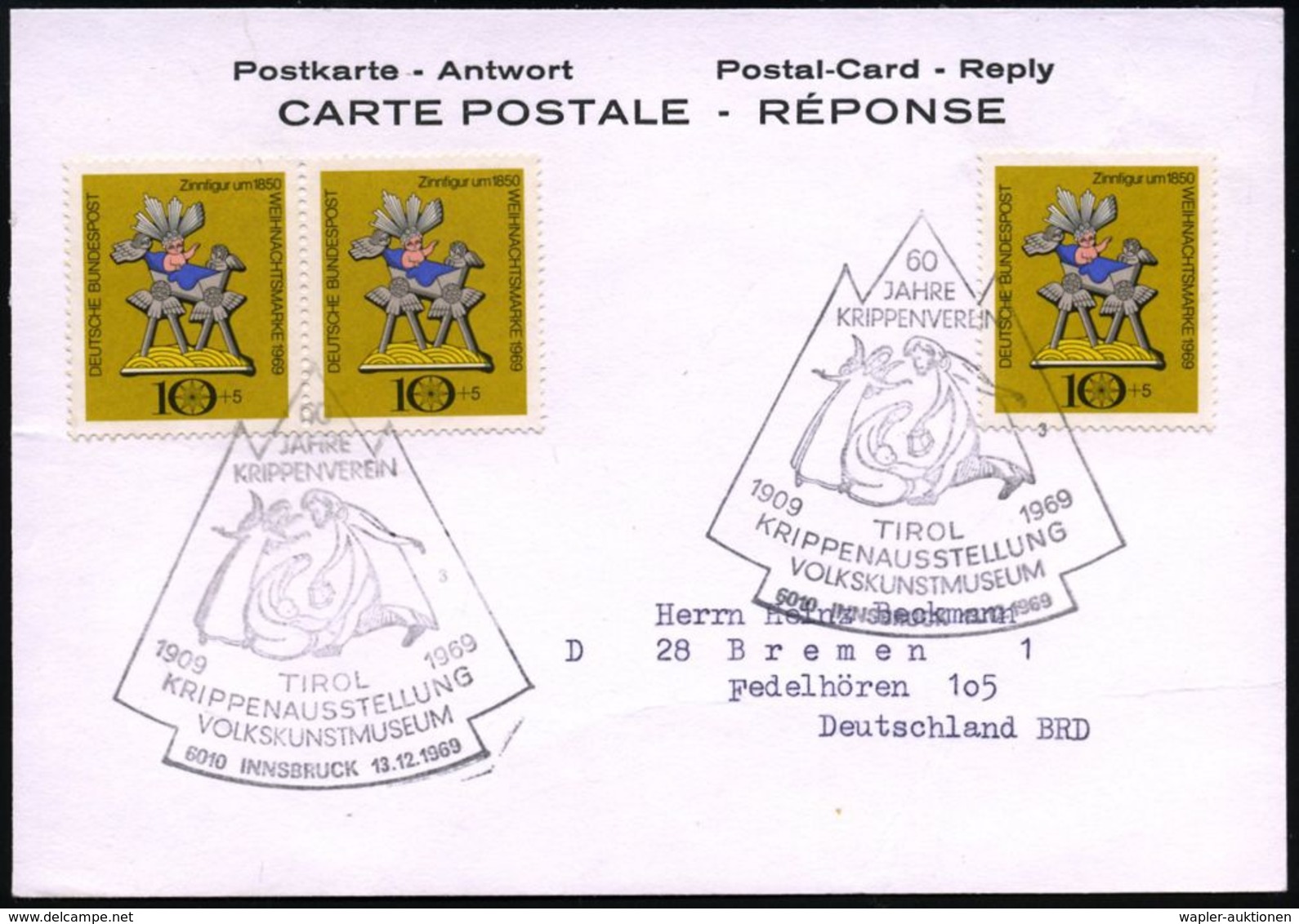 ÖSTERREICH 1969 (13.12.) SSt.: 6010 INNSBRUCK/..TIROL/KRIPPENAUSSTELLUNG/VOLKSKUNSTMUSEUM (= Engel, Christi Geburt) 3x A - Noël