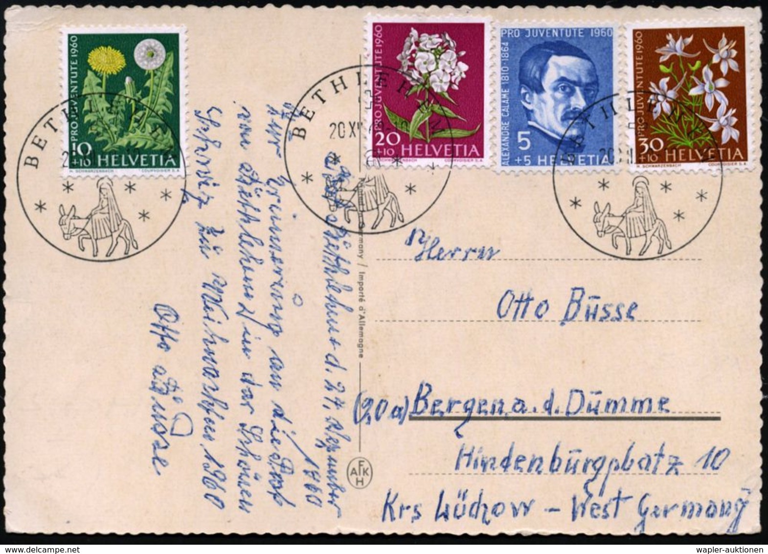 SCHWEIZ 1960 (20.12.) HWSt.: BETHLEHEM = Maria Auf Esel , 3x Auf Juventute-Satz, (Kt. Rs. Haftspur) Bedarfs-Ausl.-Weihna - Noël