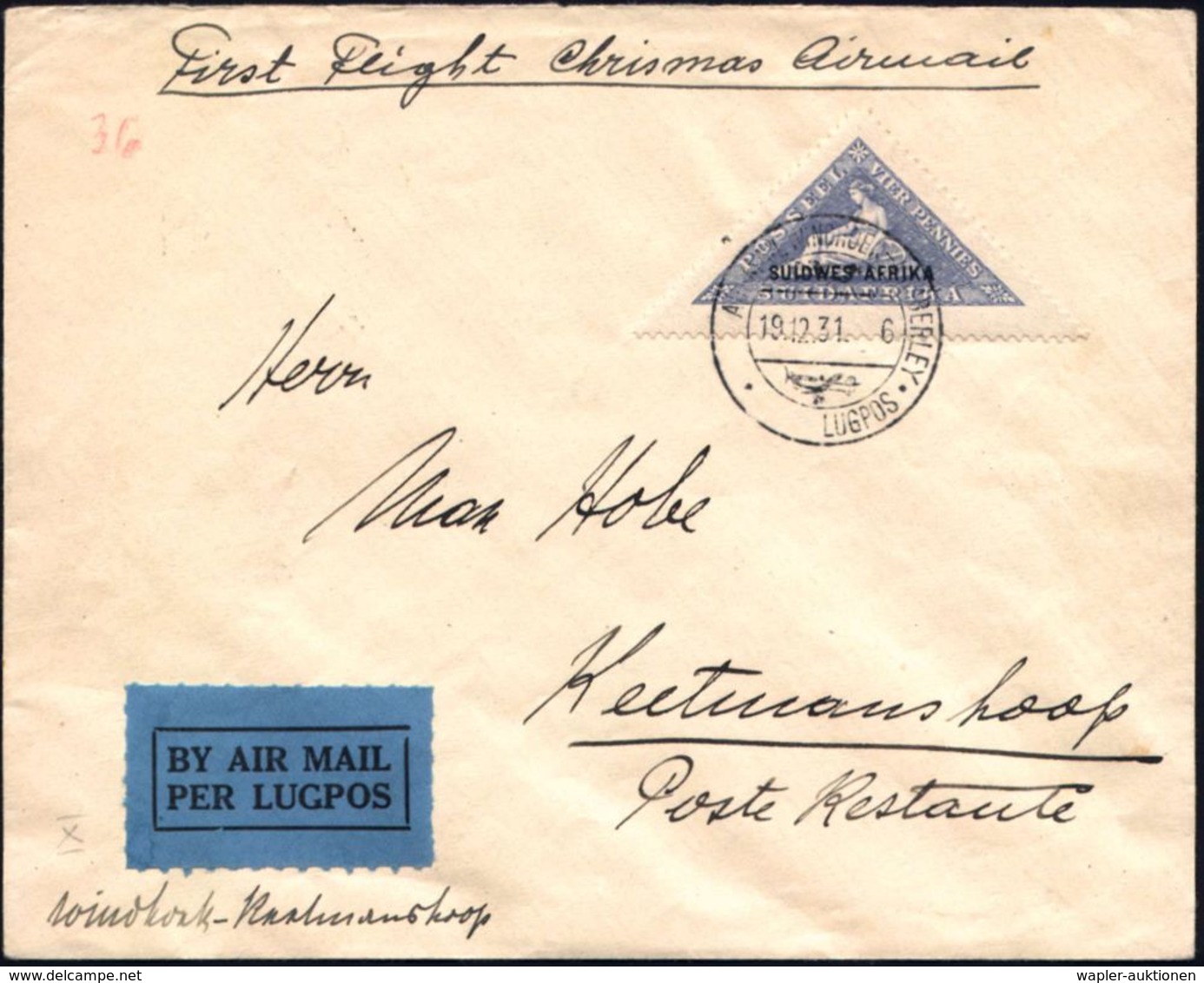 SÜDAFRIKA 1931 (19.12.) Weihnachts-Sonderflug: Windhoek - Keetmanshoop (rs. AS) EF 4 P. Allegorie "Hoffnung" + Flp.-SSt, - Noël
