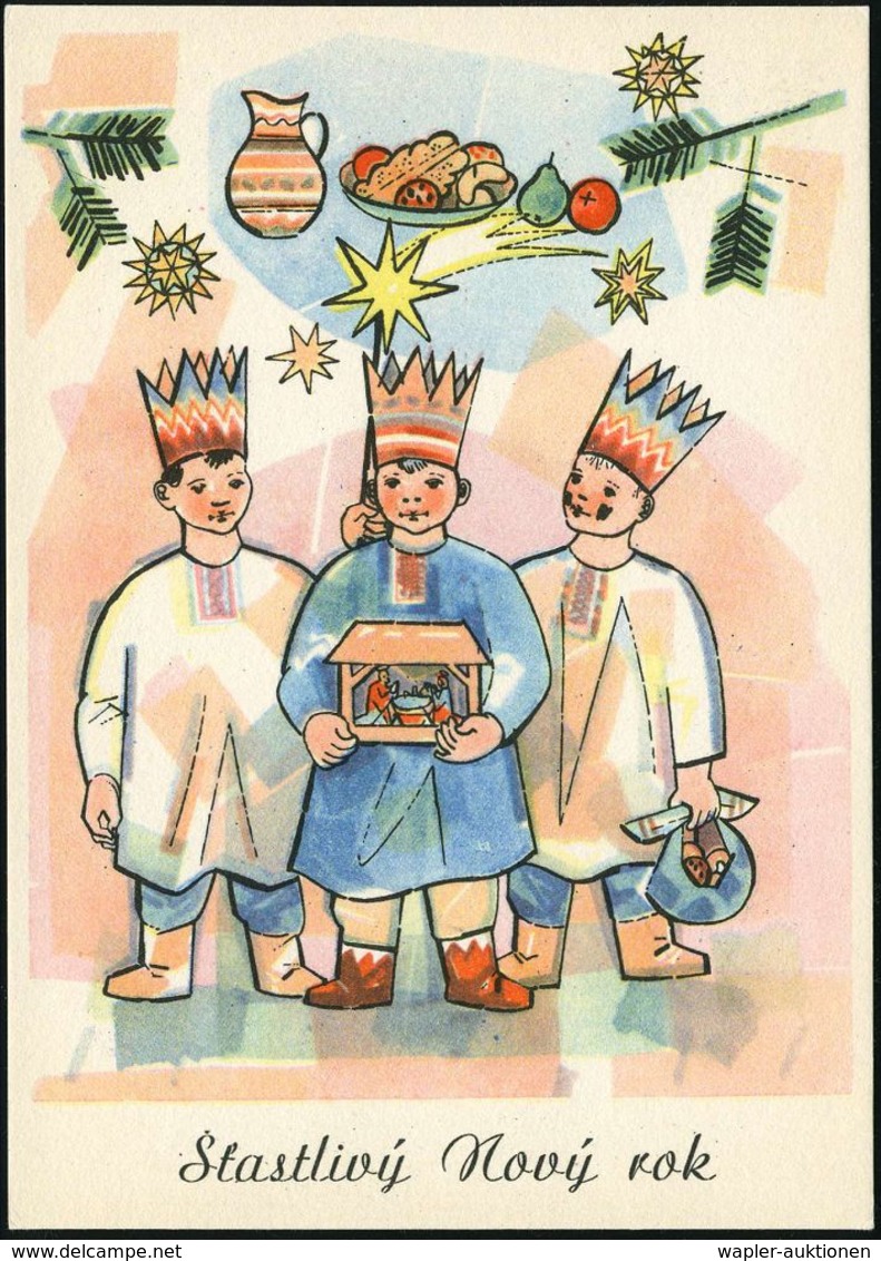 TSCHECHOSLOWAKEI 1950 1,50 Kc. BiP Gottwald, Braun: "Glückliches Neujahr" = 3 Weihnachts-Sternsinger Mit Krippen-häusche - Noël