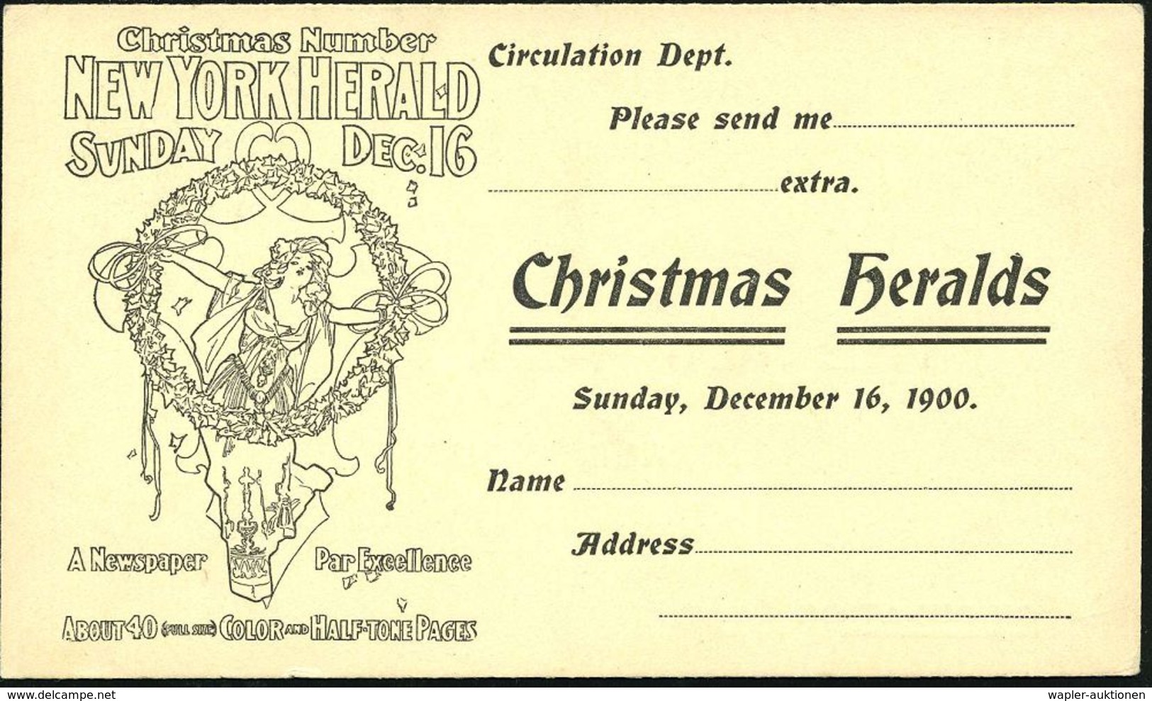 U.S.A. 1900 (Dez.) Reklame-PP 1 C. Jefferson, Schw.: Christmas Number/ NEW YORK HERALD.. (Frau Mit Weihnachtskranz) Unge - Noël