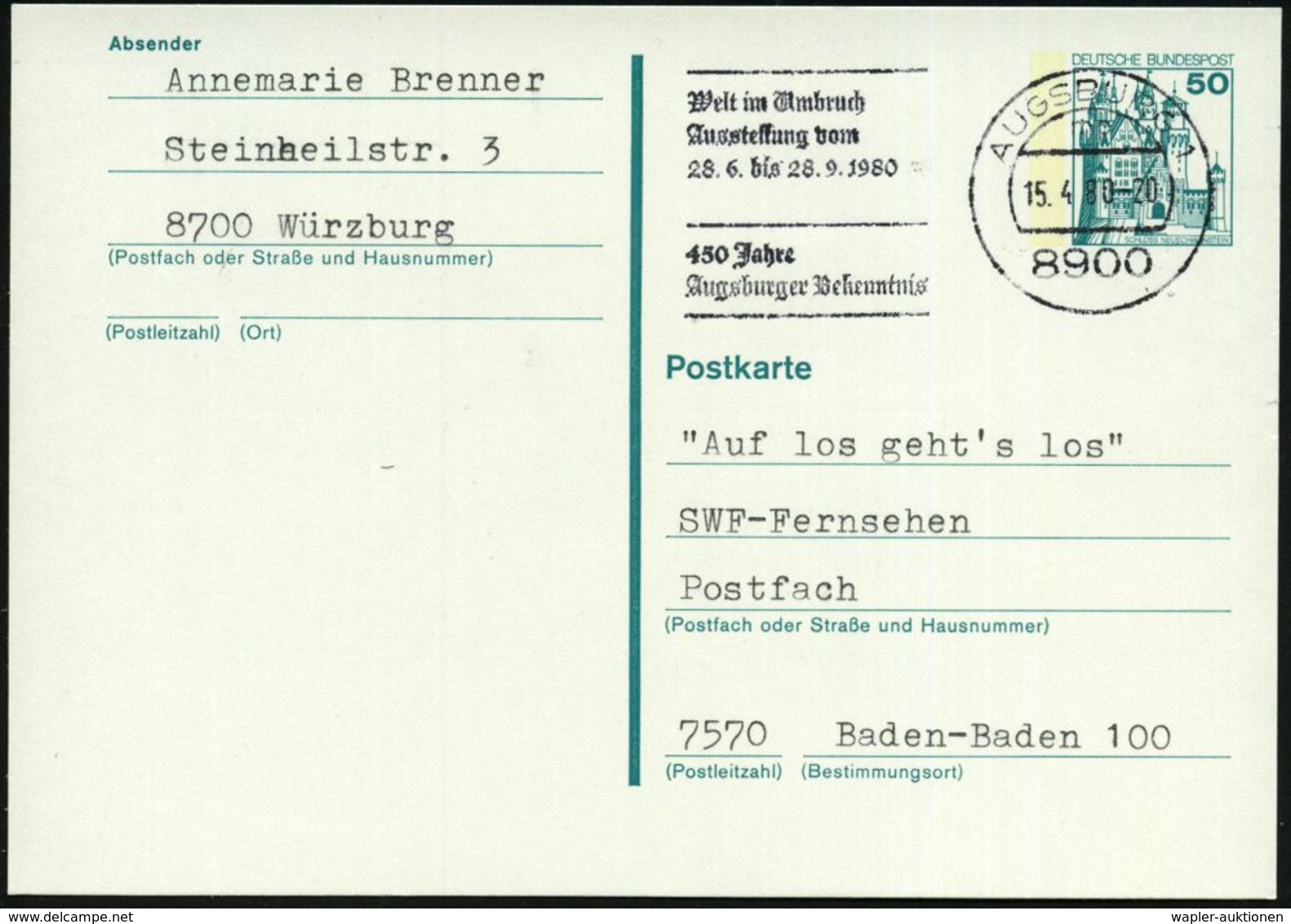 8900 AUGSBURG 1/ Mp/ Welt Im Umbruch/ Ausstellung/ ..7450 Jahre/ Augsburger Bekenntnis 1980 (15.4.) MWSt Klar Auf Bedarf - Christianisme