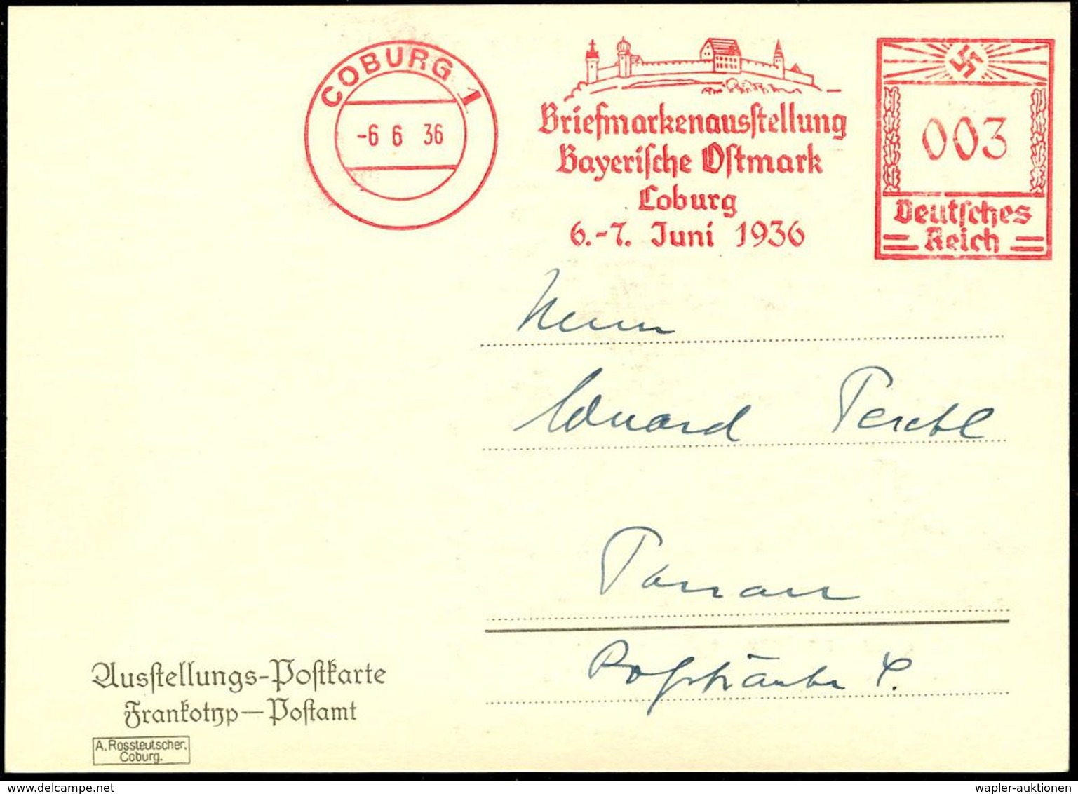 COBURG 1/ Briefmarkenausst./ Bayer.Ostmark/ 6.-7.Juni 1936 (6.6.) Seltener Ereignis-AFS = Veste Coburg = Luther-Stätte ( - Cristianesimo