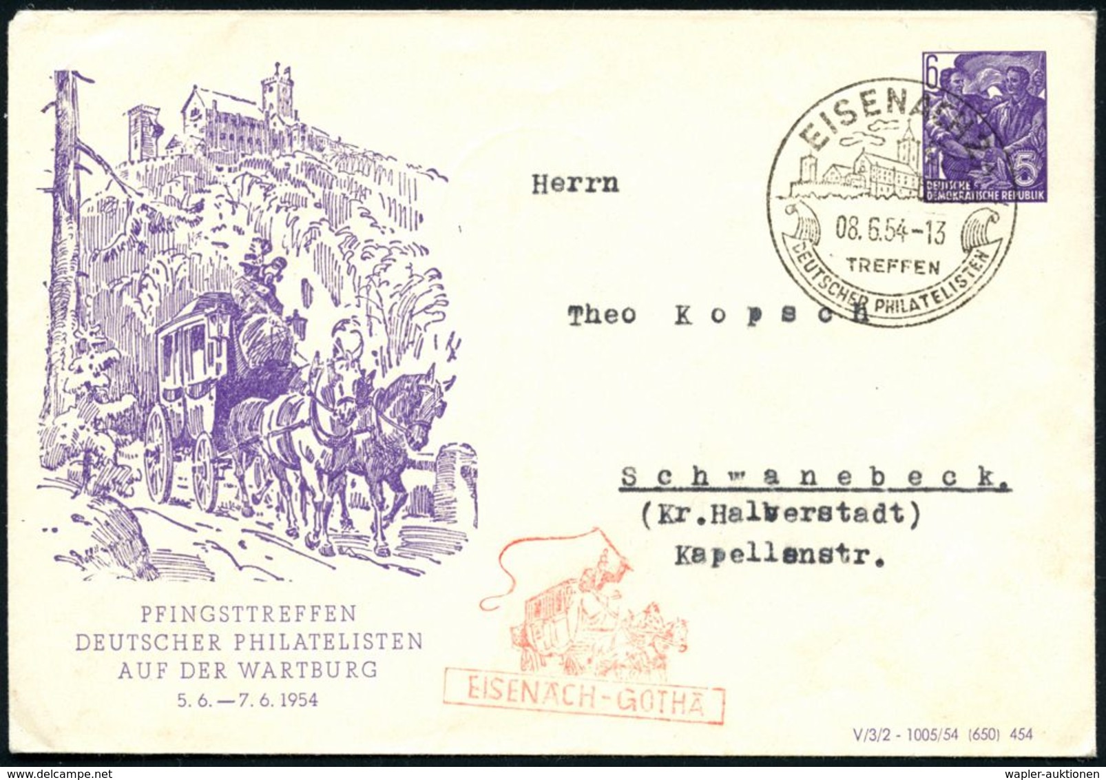 EISENACH/ TREFFEN/ DEUTSCHER PHILATELISTEN 1954 (6.6.) SSt = Wartburg + Amtl., Roter HdN.: EISENACH - GOTHA Mit Der Post - Christianisme