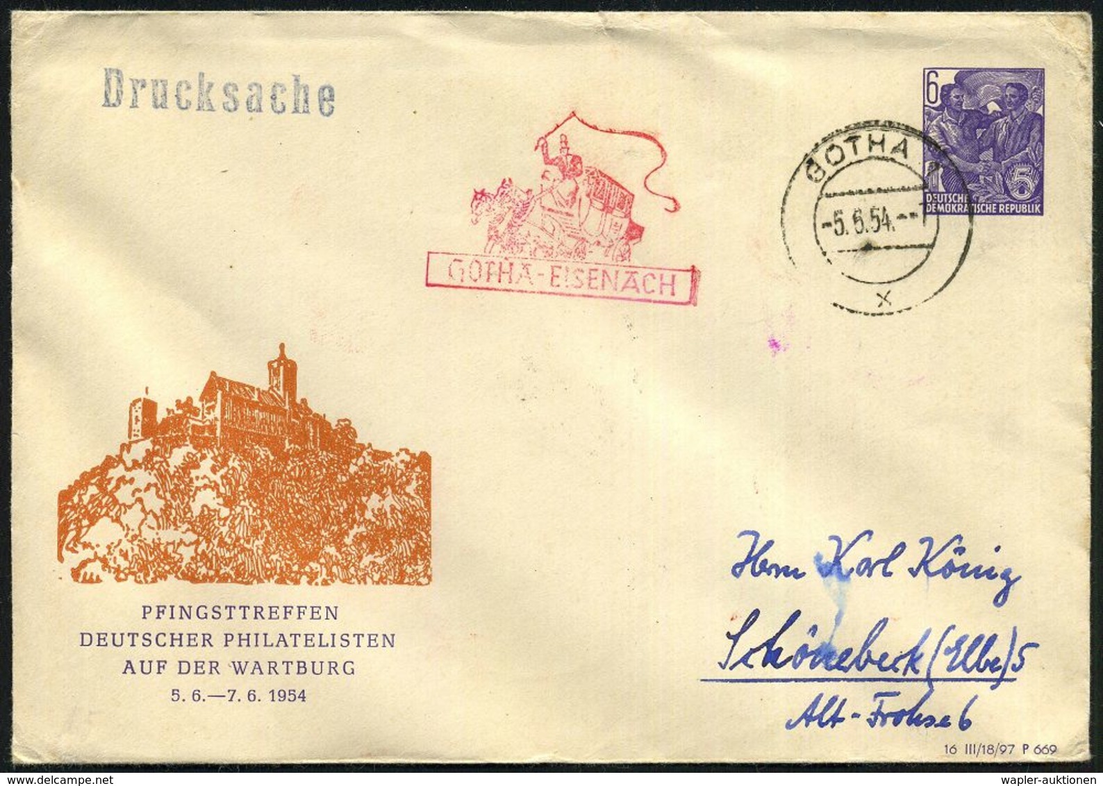 GOTHA 1/ X 1954 (5.6.) 2K-Steg + Roter, Amtl. HdN.: GOTHA - EISENACH Mit Der Postkutsche (Bo.24) Rs. AS: EISENACH 2, TRE - Christianisme