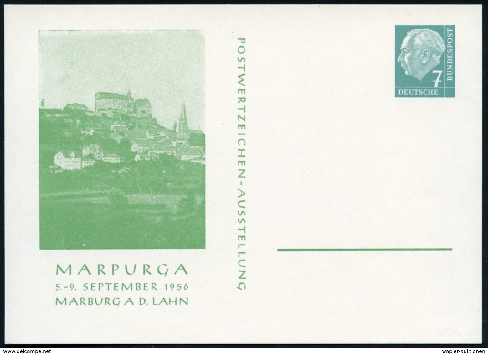 Marburg 1956 (Sept.) PP 7 Pf. Heuss I: MARPURGA, POSTWERTZEICHEN-AUSSTELLUNG = Alt-Marburg (hier Fand Das Marburger Reli - Christianisme