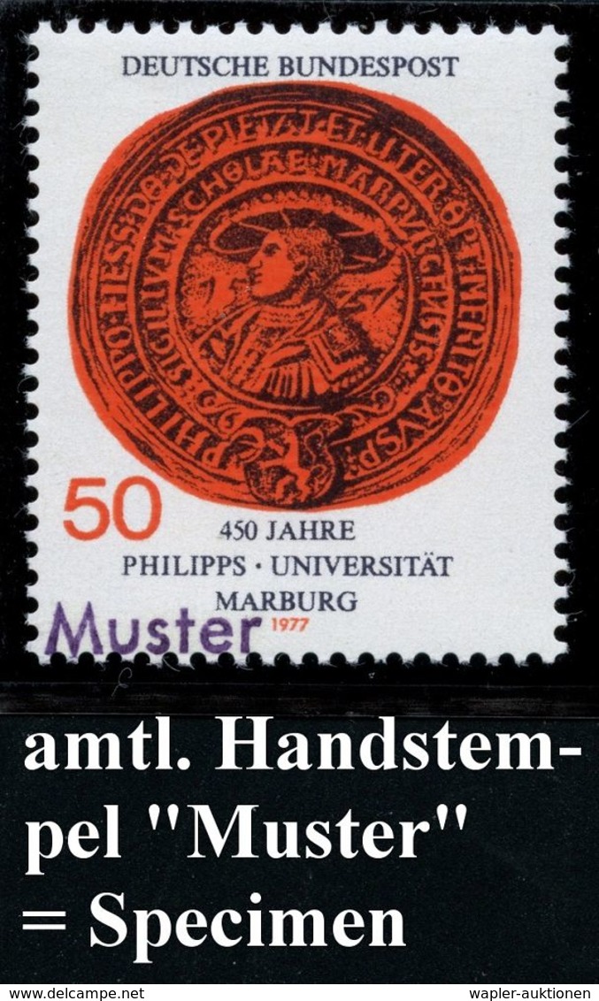 Marburg 1977 (Mai) 50 Pf. "450 Jahre Universität Marburg" + Amtl. Handstempel  "M U S T E R" ,postfr. = Siegel Philipps  - Cristianesimo