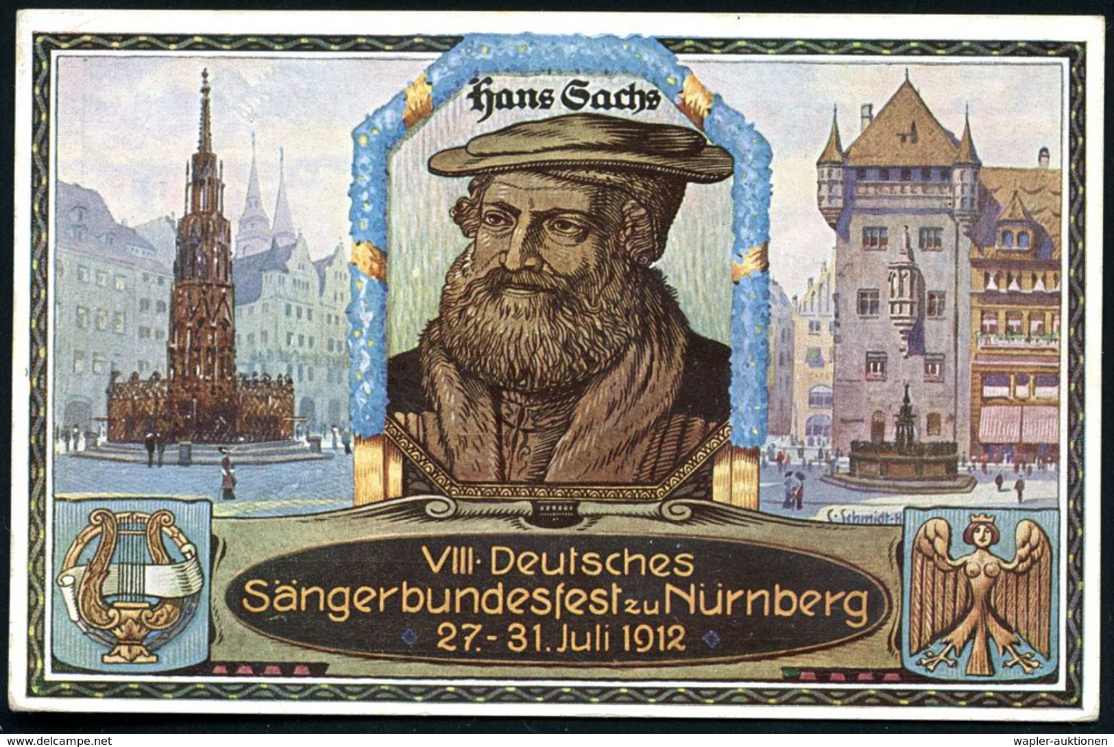 Nürnberg 1912 (Juli) PP 5 Pf. Luitpold: VIII.Deutsches Sängerbundesfest = Alt-Nürnberg U. Hans Sachs (u. Lyra, Mytholog. - Christianisme