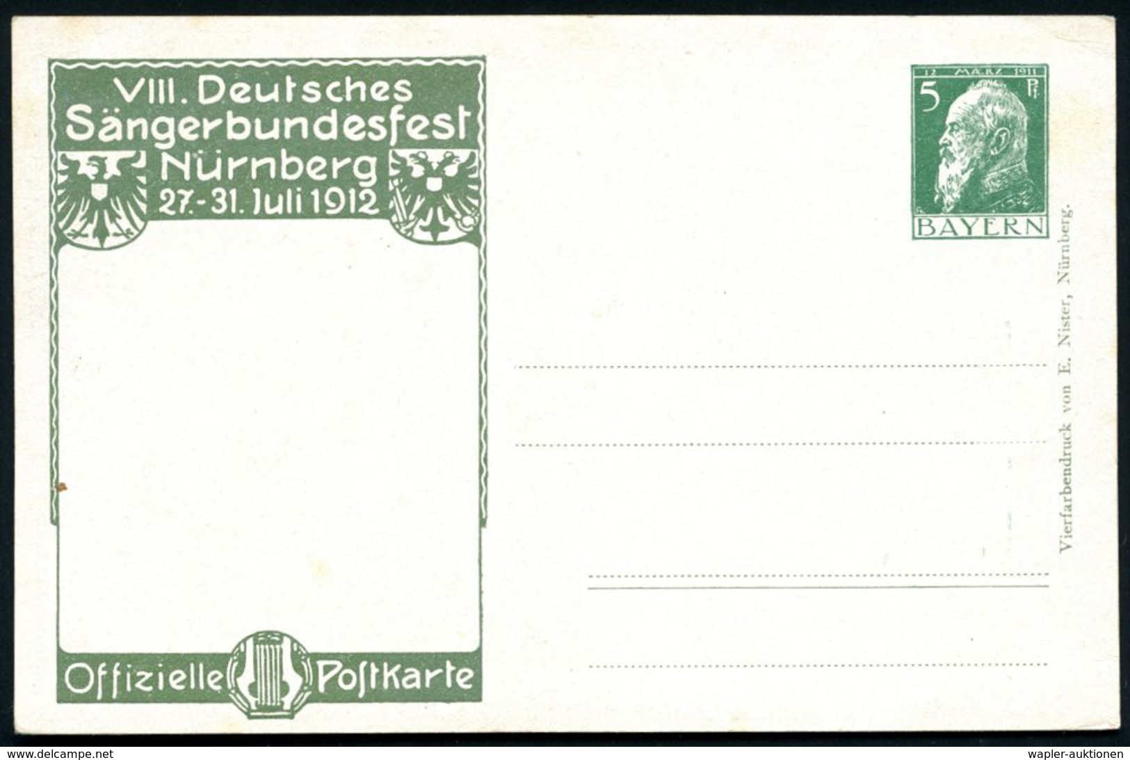 Nürnberg 1912 (Juli) PP 5 Pf. Luitpold: VIII.Deutsches Sängerbundesfest = Alt-Nürnberg U. Hans Sachs (u. Lyra, Mytholog. - Christianisme