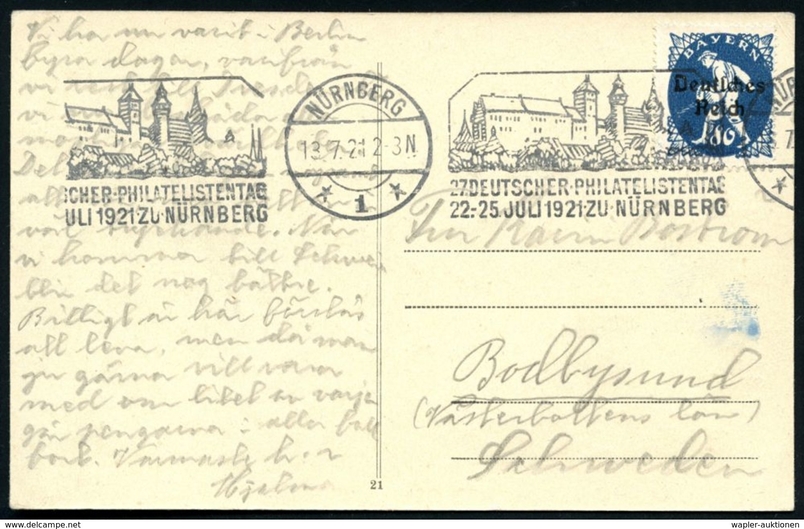 NÜRNBERG/ *1*/ 27.DEUTSCHER PHILATELISTENTAG.. 1921 (13.7.) BdMWSt = Burg Klar Auf Bedarfskarte (Bo.9 Bd) - Die Allierte - Cristianesimo