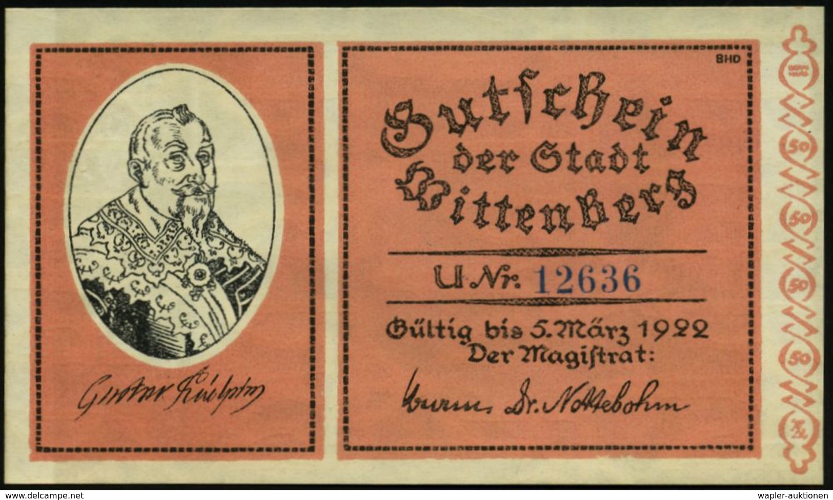 Wittenberg 1922 (5.3.) Infla-Notgeld: 2x 25 Pf., 2x 50 Pf., 1,2,5 u. 10 Mk mit Motiven von Luther bis Napoleon, 30jähr.K