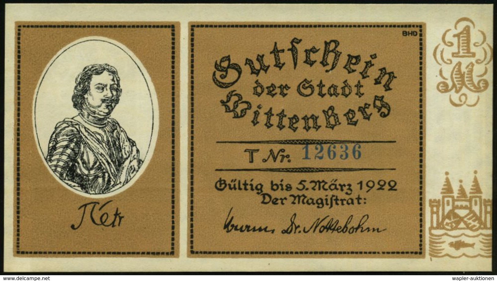 Wittenberg 1922 (5.3.) Infla-Notgeld: 2x 25 Pf., 2x 50 Pf., 1,2,5 u. 10 Mk mit Motiven von Luther bis Napoleon, 30jähr.K