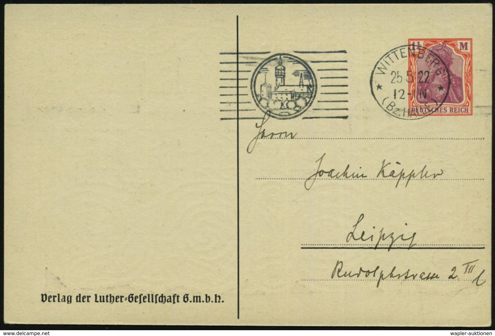 WITTENBERG/ *(Bz.HALLE)* 1922 (25.5.) MWSt = Schloßkirche Auf PP 1 1/4 Mk Germania: Deutscher Evang. Kirchenbund Gründun - Christianisme