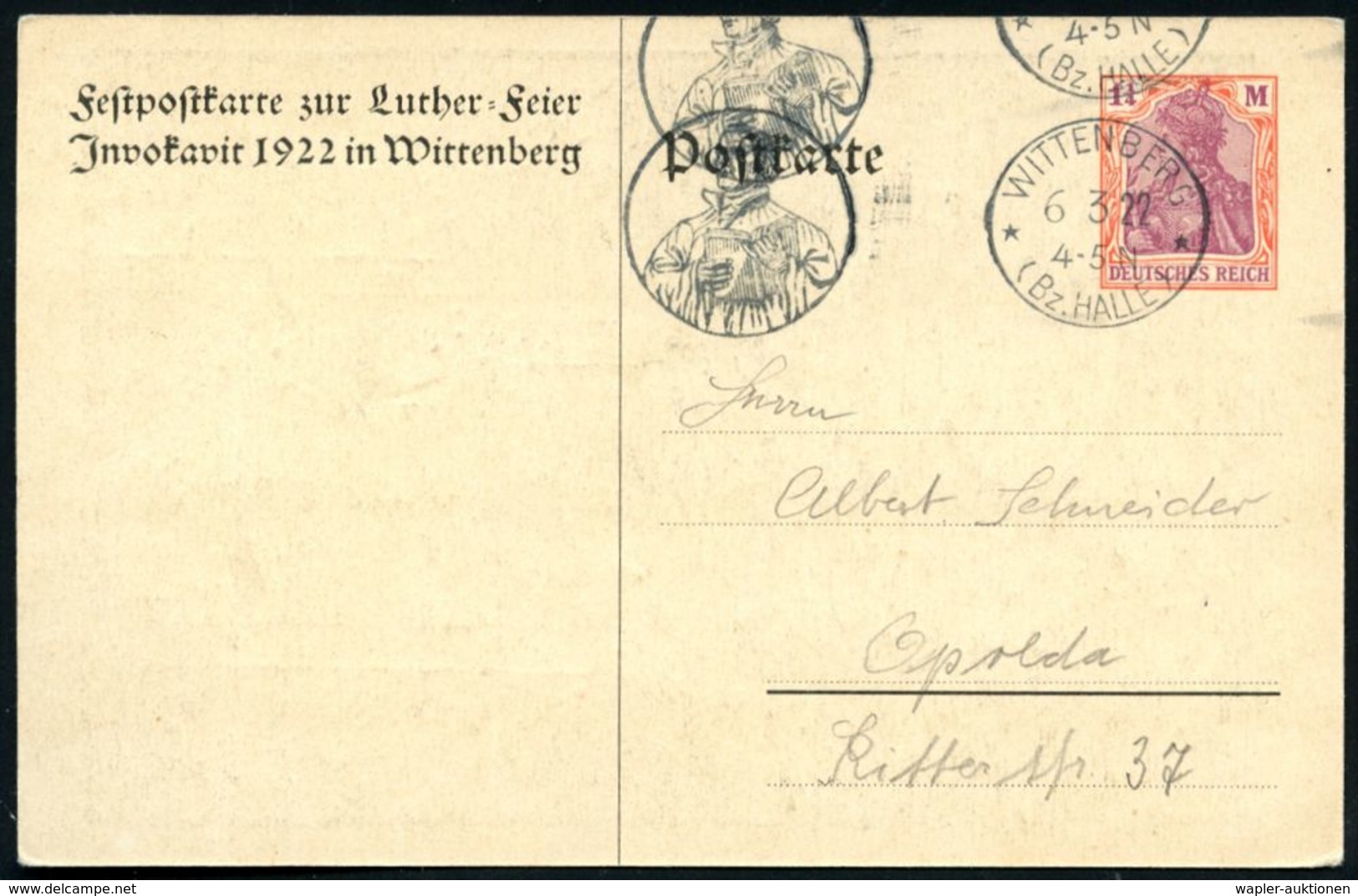 WITTENBERG/  *(Bz.HALLE)* 1922 (4.3.) MWSt Ohne Text = Luther Mit Bibel Auf Passender PP Germania 1 1/4 Mk.: Invocavit/L - Christianisme