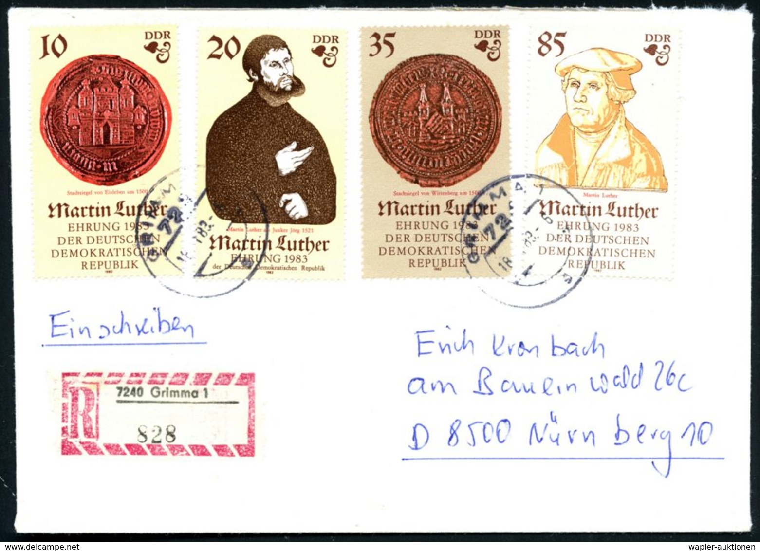 D.D.R. 1989 "500 Geburtstag Martin Luther", Kompl. Satz ,sauber Gest. (Grimma) + RZ: 7240 Grimma 1, Inl.-R-Bf. In Die BR - Christianisme