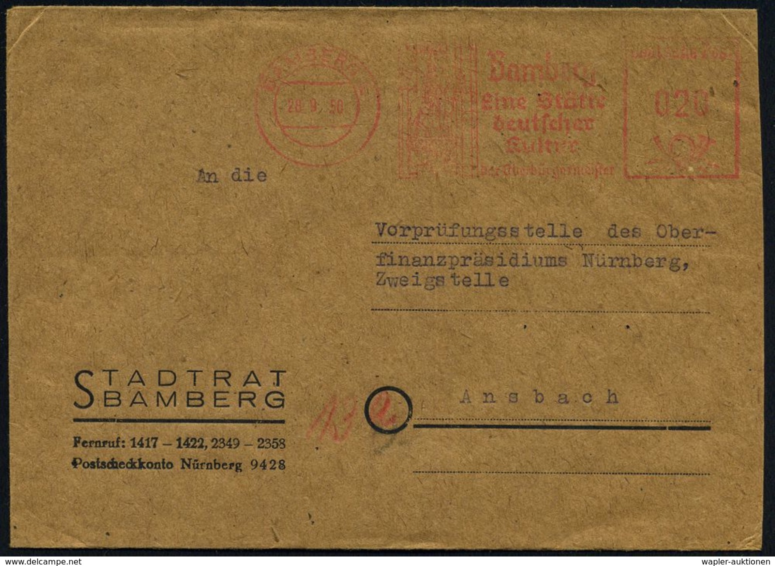 BAMBERG 1/ Einse Stätte/ Dt./ Kultur/ Der Oberbürgermeister 1950 (28.9.) AFS = "Bamberger Reiter" (= Hl. Stephan V. Unga - Sonstige & Ohne Zuordnung