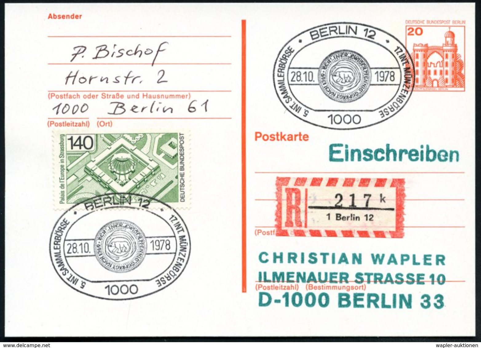 1000 BERLIN 12/ ..17.INT.MÜNZBÖRSE.. 1978 (28.10.) SSt = Berlins Mittelalterlicher "Ewiger Pfennig" (mit Bär) 2x + RZ: 1 - Autres & Non Classés