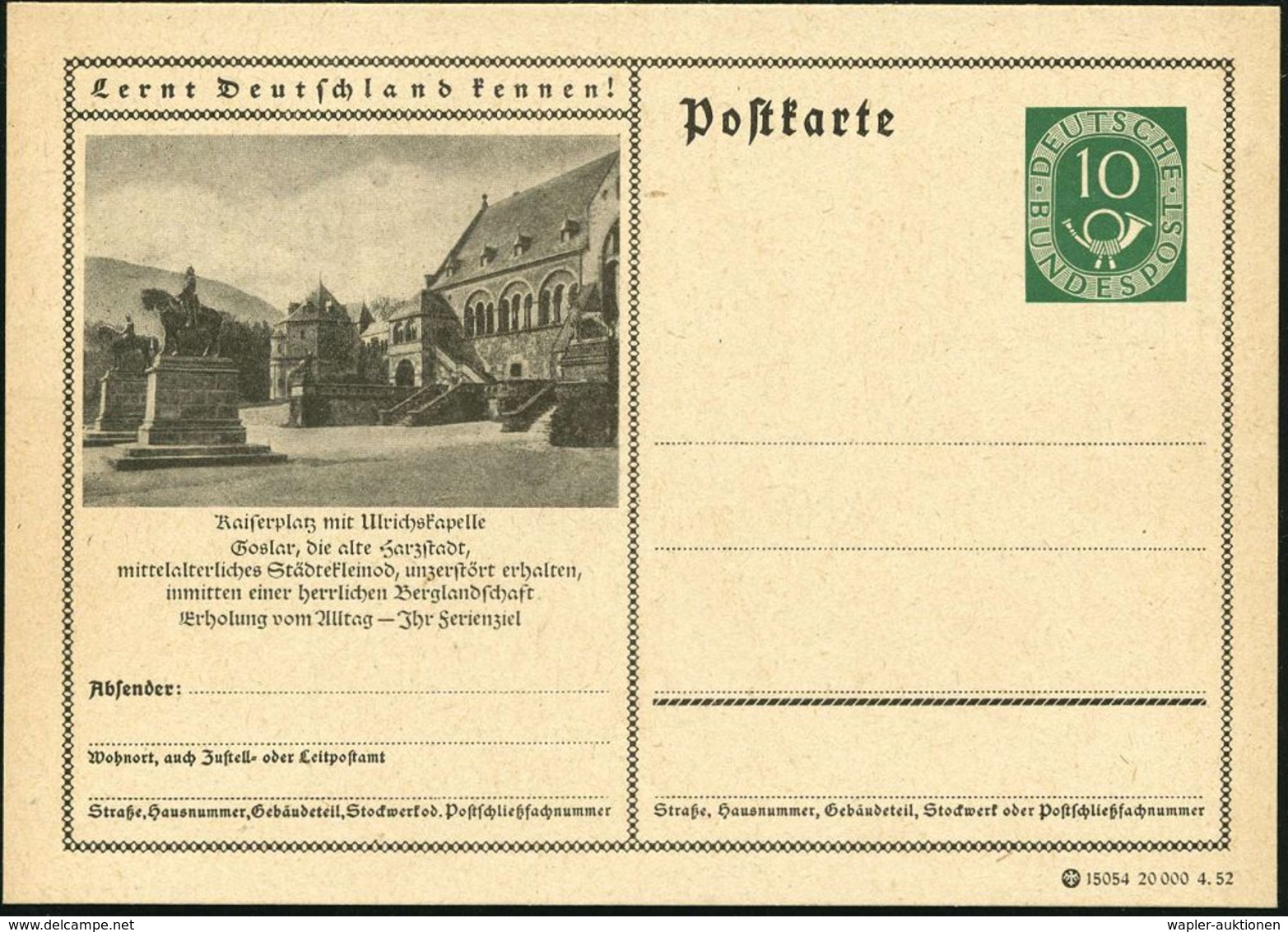 Goslar 1952 10 Pf. BiP Posthorn, Grün: Kaiserpfalz Mit Ulrichskapelle.. (+ Reiterstandbilder Barbarossa , Kaiser Wilhelm - Otros & Sin Clasificación