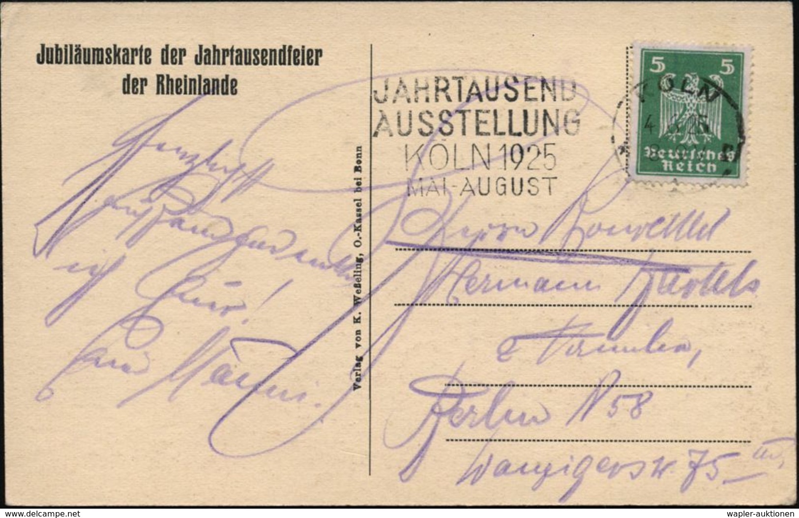 KÖLN/ *1r/ JAHRTAUSEND/ AUSSTELLUNG/ ...MAI-AUGUST 1925 (4.6.) MWSt Auf Monochromer Jubil.-Sonderkarte: Relief "Vater Rh - Autres & Non Classés