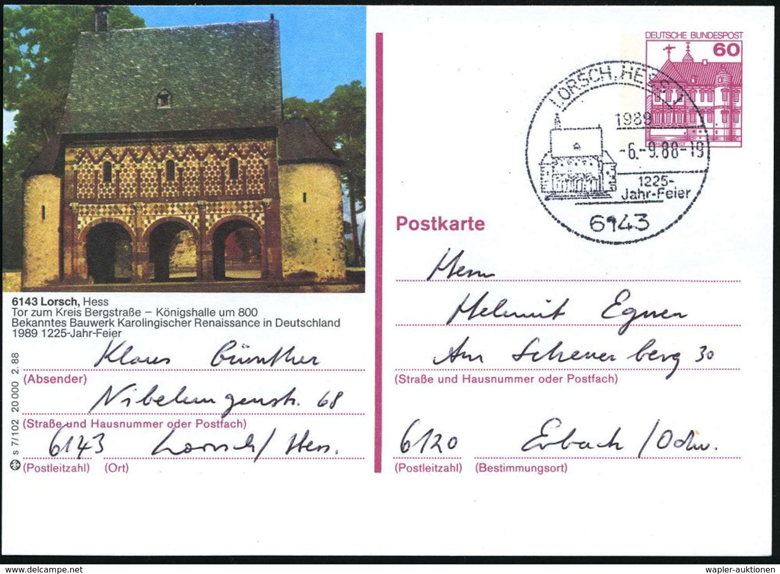 6143 LORSCH,HESS 1/ 1225-/ Jahr-Feier 1988 (6.9.) HWSt = Karoling. Königshalle Des Klosters, Motivgl. BiP 60 Pf. Burgen: - Autres & Non Classés