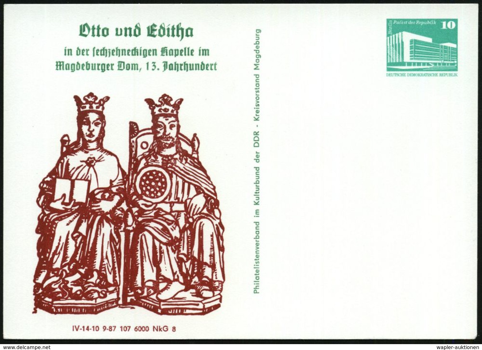 Magdeburg 1987 (Sept.) PP 10 Pf. PdR., Grün: Otto Und Editha = Kaiser Otto I. (mit Ehefrau Auf Dem Thron) Ungebr. + Moti - Autres & Non Classés