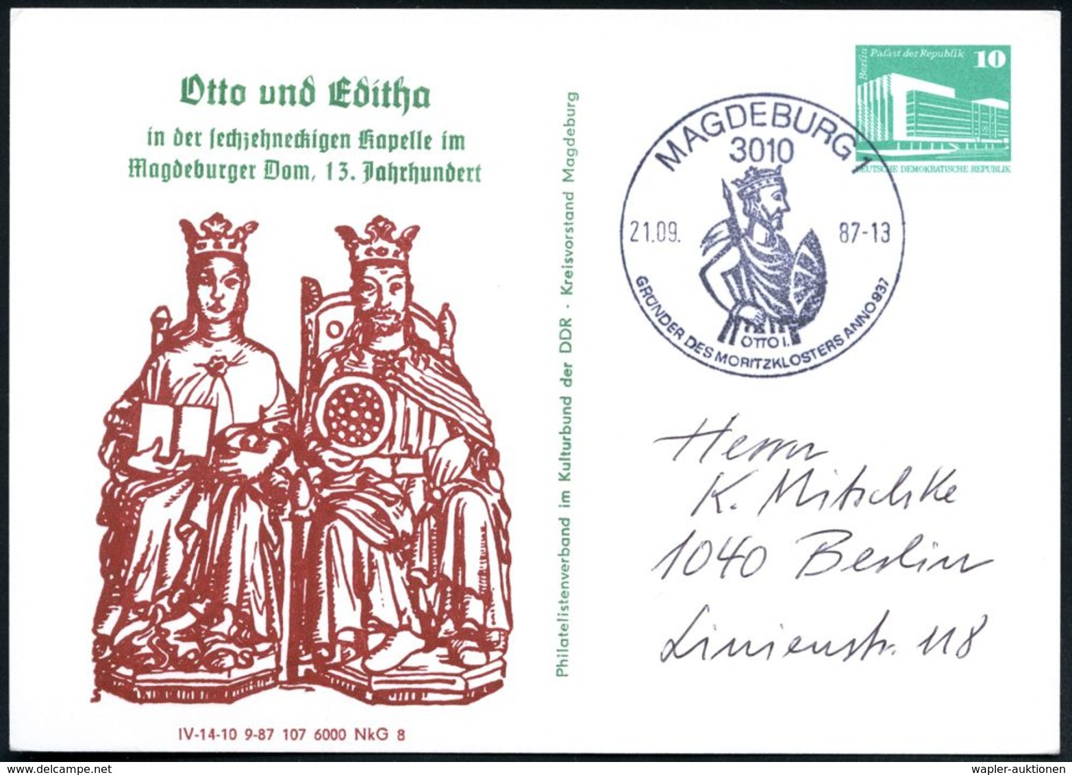 3010 MAGDEBURG 1/ OTTO I./ GRÜNDER DES MORITZKLOSTERS ANNO 937 1987 (21.9.) SSt = Otto I., Motivähnl. PP 10 Pf. PdR., Gr - Autres & Non Classés