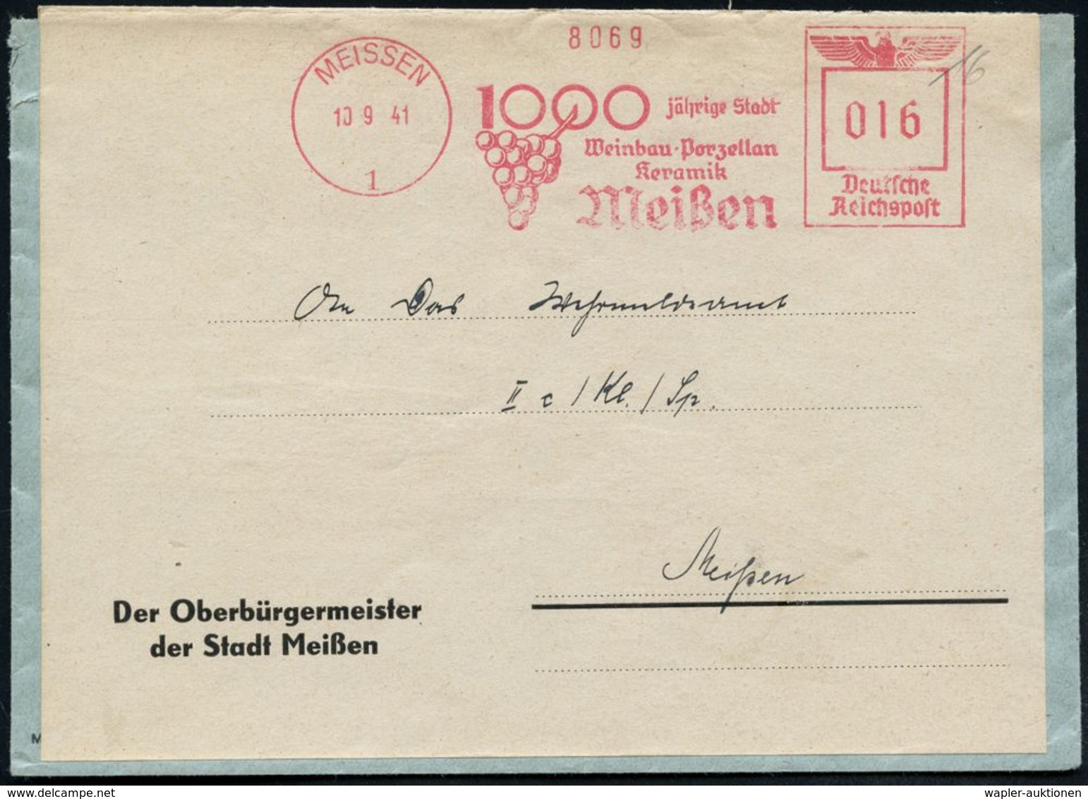 MEISSEN/ 1/ 1000 Jährige Stadt/ Weinbau-Porzellan/ Keramik 1941 (10.9.) Jubil.-AFS "Reichsadler" (Weintraube) Klar Gest. - Autres & Non Classés