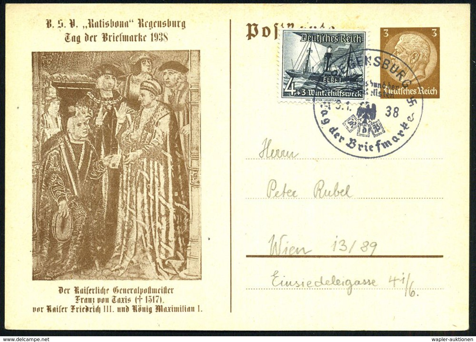 REGENSBURG/ RdPh/ Tag Der Briefmarke 1938 (9.1.) SSt Auf PP 3 Pf. Hindenburg, Braun: Tag Der Briefmarke, Der Kaiserl. Ge - Autres & Non Classés