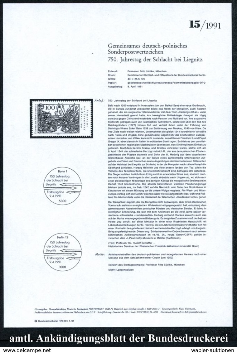 B.R.D. 1991 (Apr.) 100 Pf."750 Jahre Liegnitz-Schlacht" + Amtl. Handstempel "M U S T E R"  = Mongolen-Schlacht, Dschingi - Autres & Non Classés